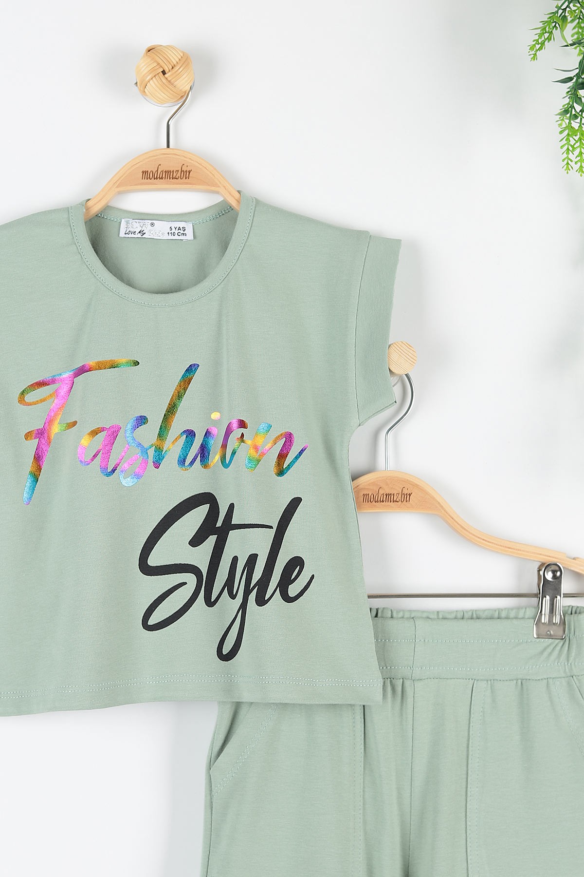 Yeşil (5-8 Yaş) Fashion Baskılı Kol Detaylı Kız Çocuk Takım 172739