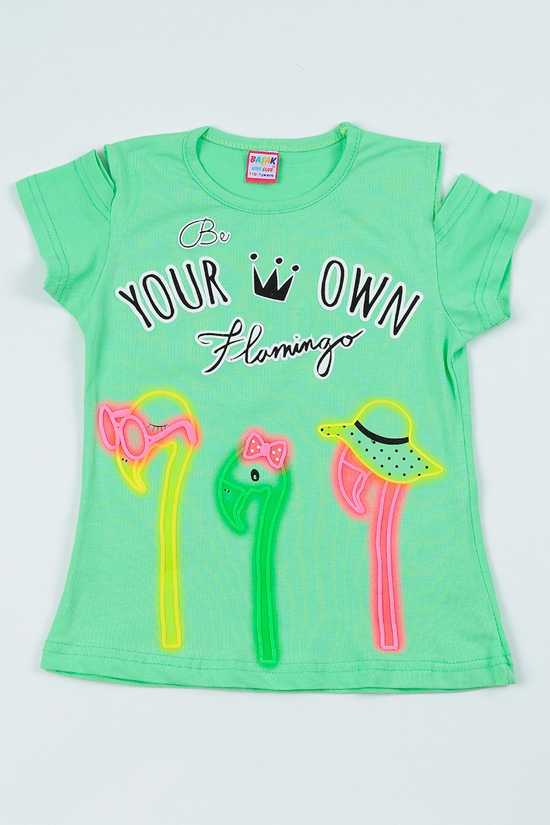 Yeşil (5-8 yaş) Flamingo Baskılı Kız Çocuk Tşört 105048