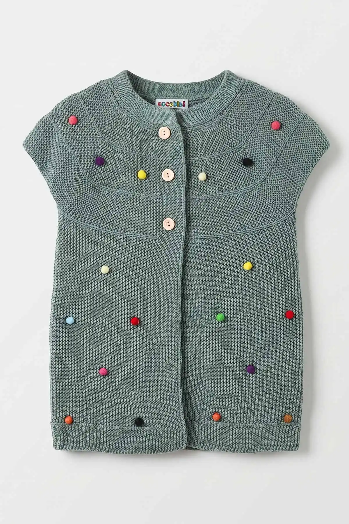 Yeşil (5-8 Yaş) Garson Boy Düğmeli Ponponlu Kız Çocuk Yelek 474267