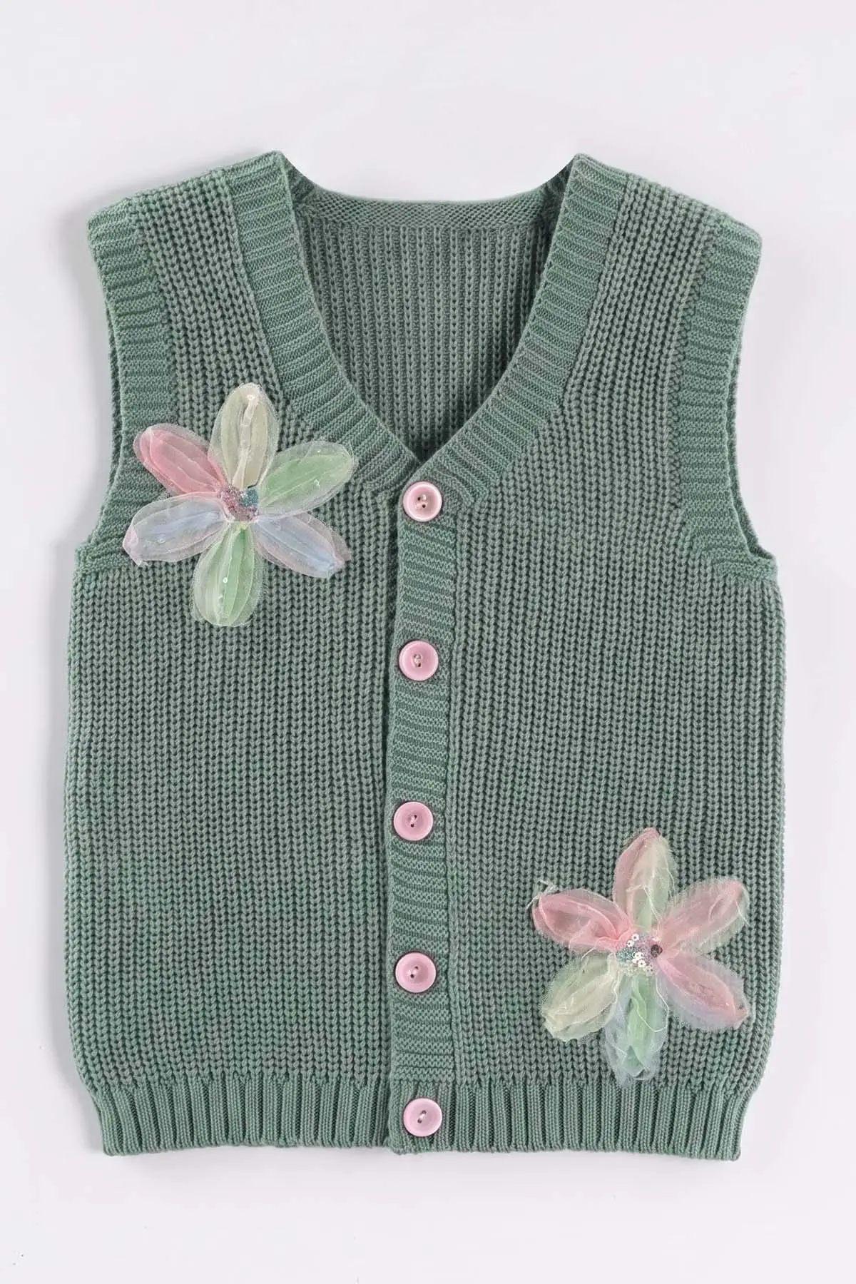 Yeşil (5-8 Yaş) Pullu Çiçek Motifli Triko Selanik Kız Çocuk Yelek 474273