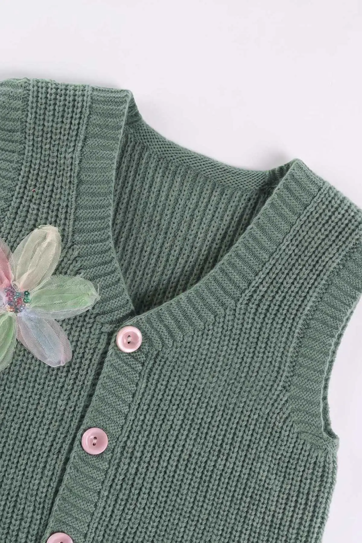 Yeşil (5-8 Yaş) Pullu Çiçek Motifli Triko Selanik Kız Çocuk Yelek 474273