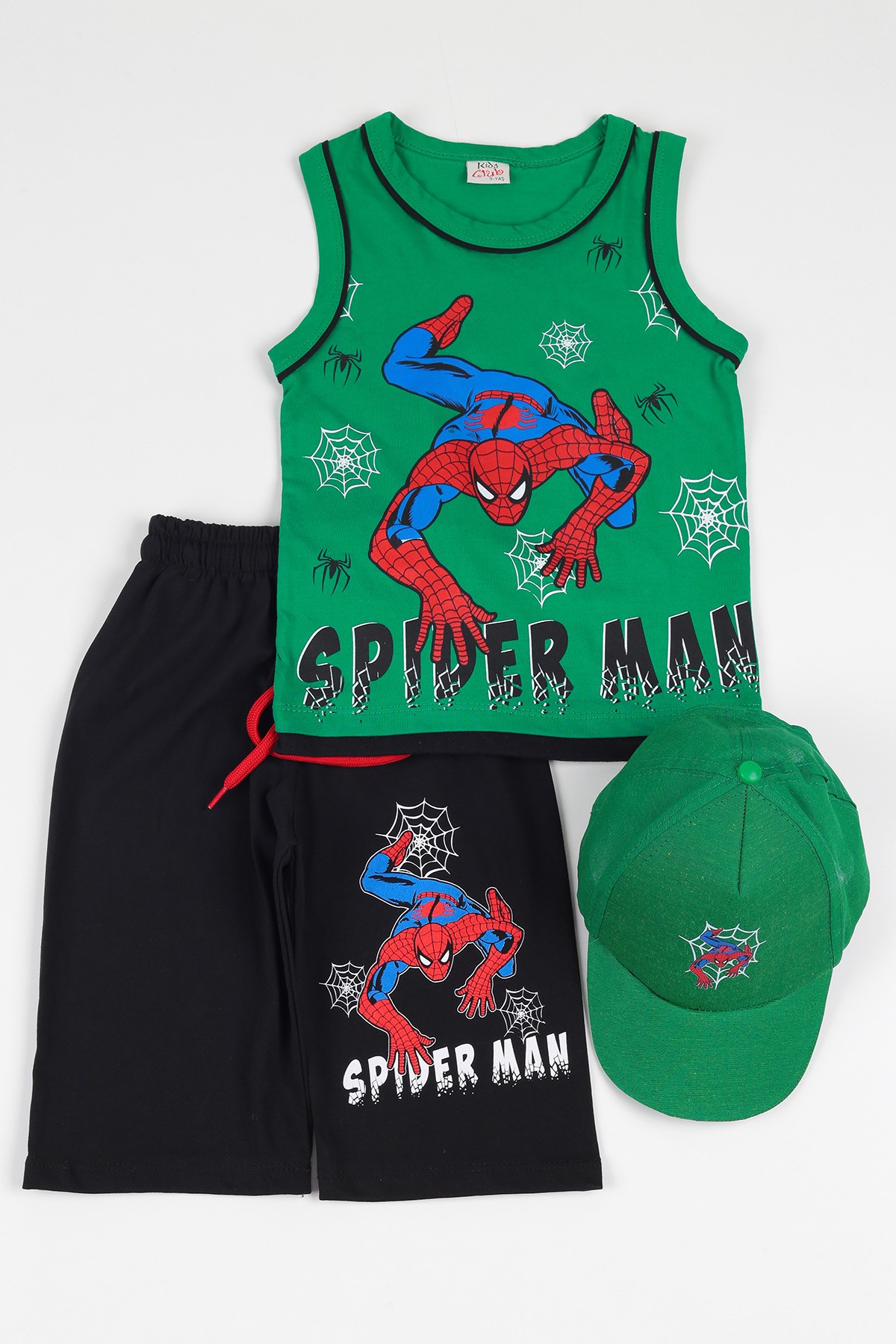 Yeşil (5-8 yaş) Şapkalı Spıderman Baskılı  Erkek Çocuk Kaprili Takım 112392