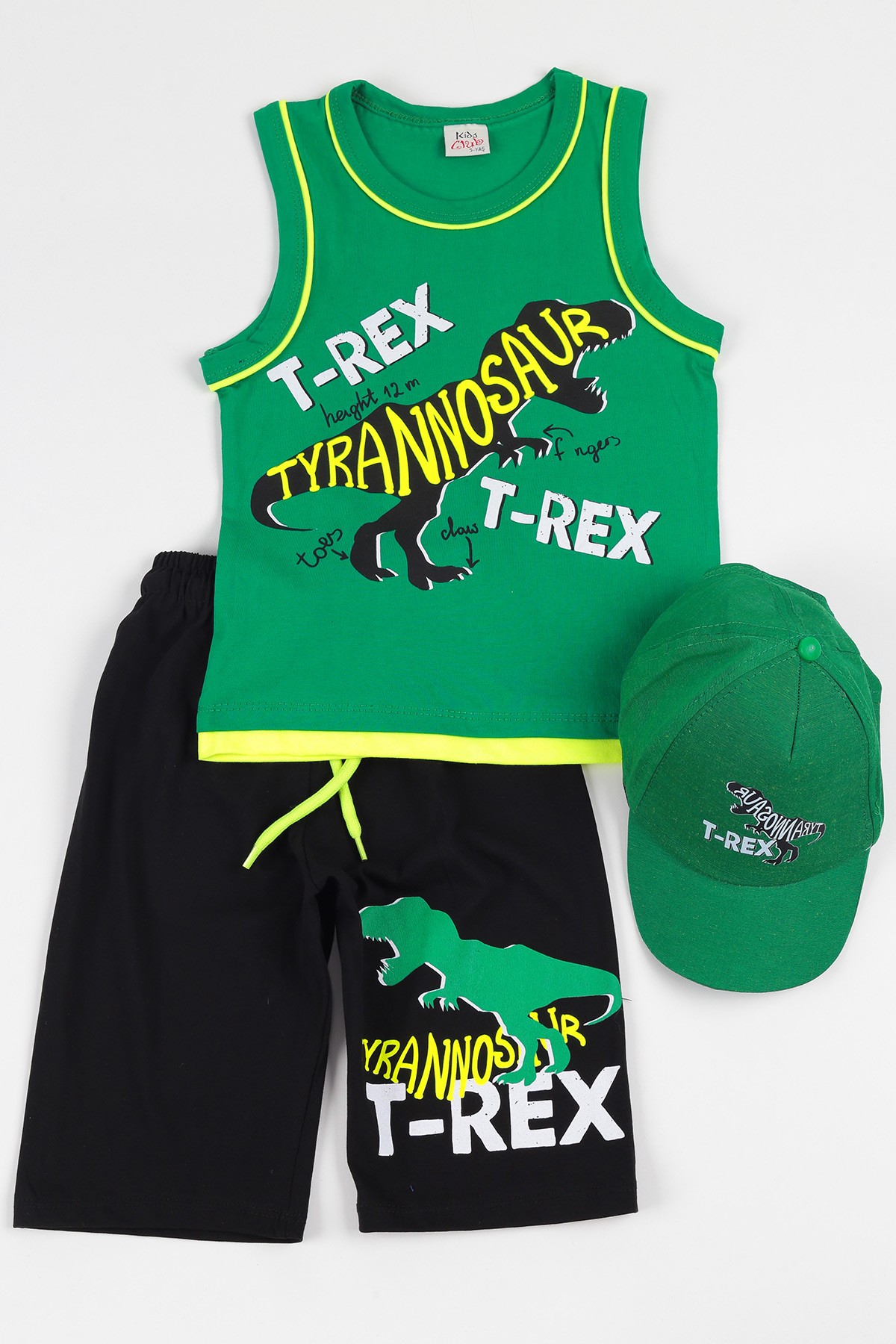 Yeşil (5-8 yaş) Şapkalı T-rex Baskılı Erkek Çocuk Kaprili Takım 112380
