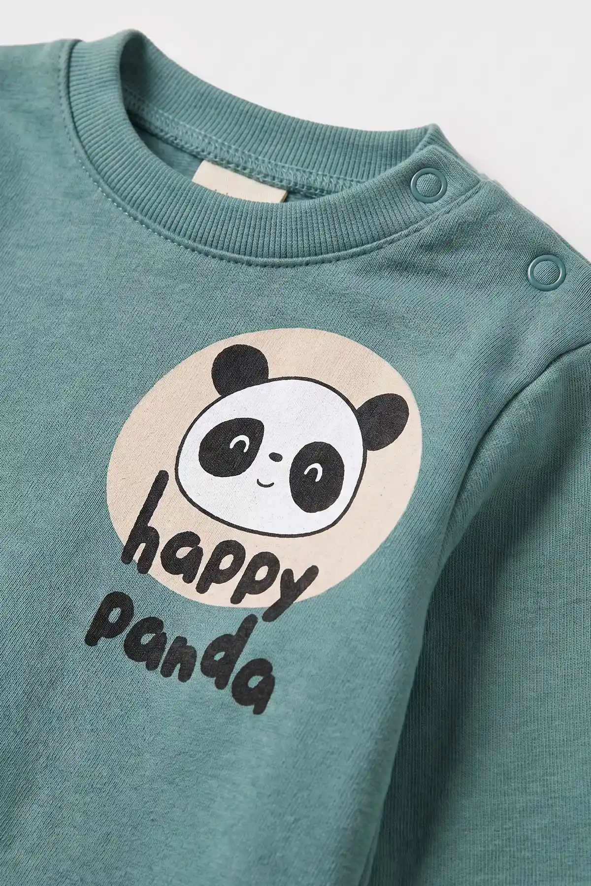 Yeşil (6-18 Ay) Happy Panda Baskılı Alt Lastikli Paça Erkek Bebek Takım 479399