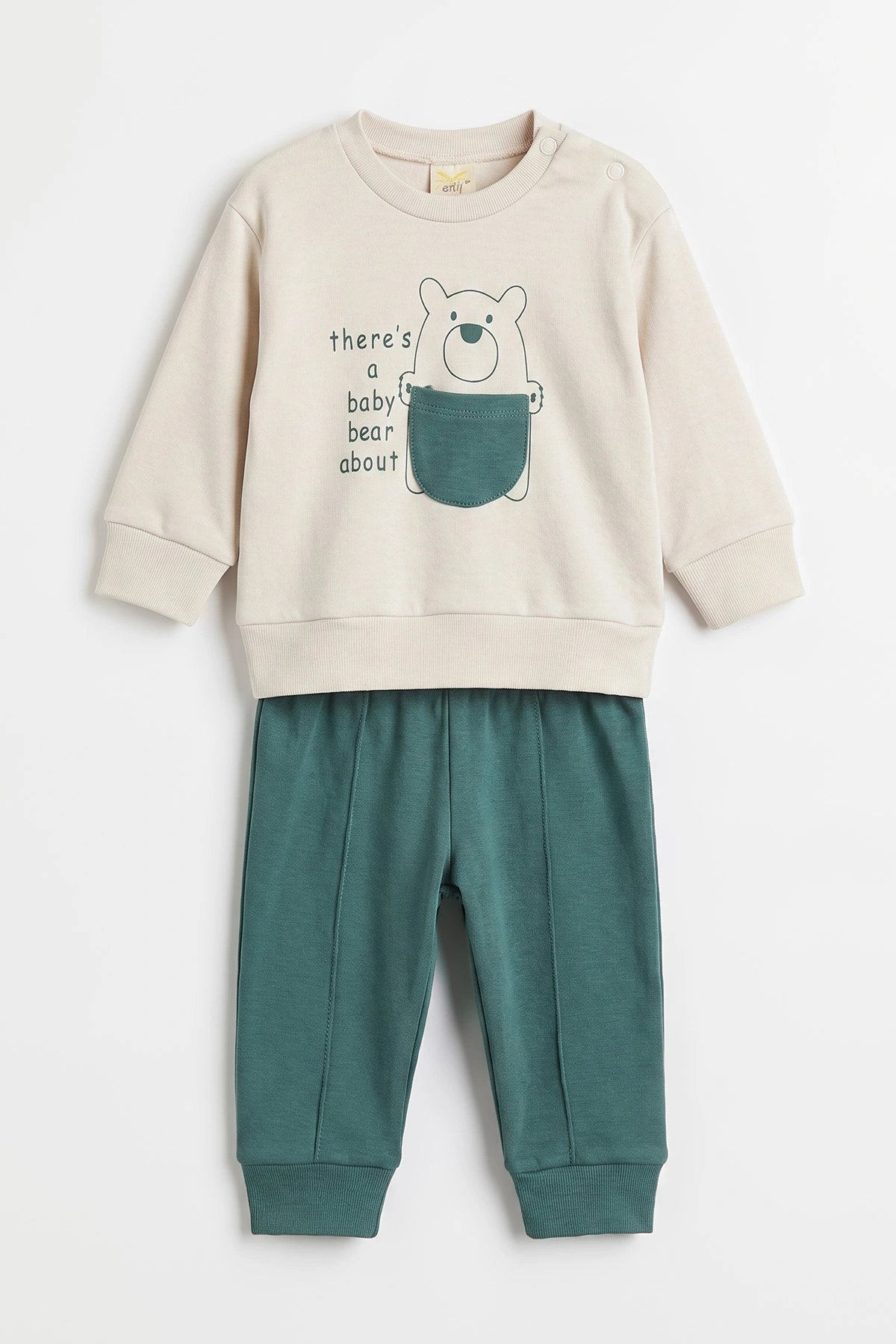 Yeşil (6-18 Ay)Bear Baskılı Cep Detaylı Çıtçıtlı Çimalı Erkek Bebek Takım 477821