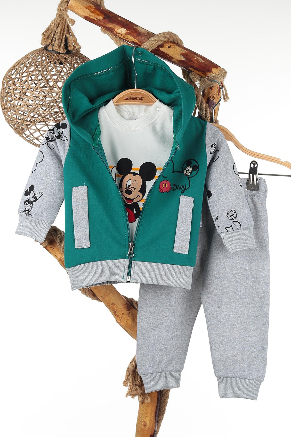 Yeşil (6-24 Ay) Mickey Baskılı Üçlü Erkek Takım 143557