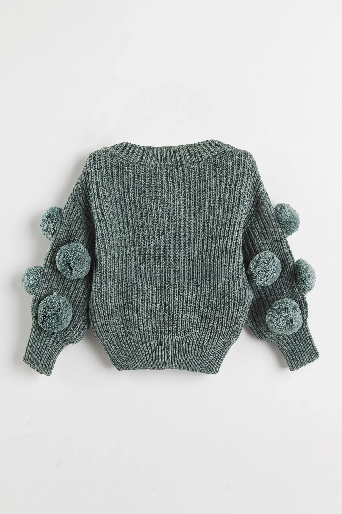 Yeşil (6-24 Ay) Selanik Örgülü Oversize Kolları Ponponlu Kız Bebek Triko Kazak 474598