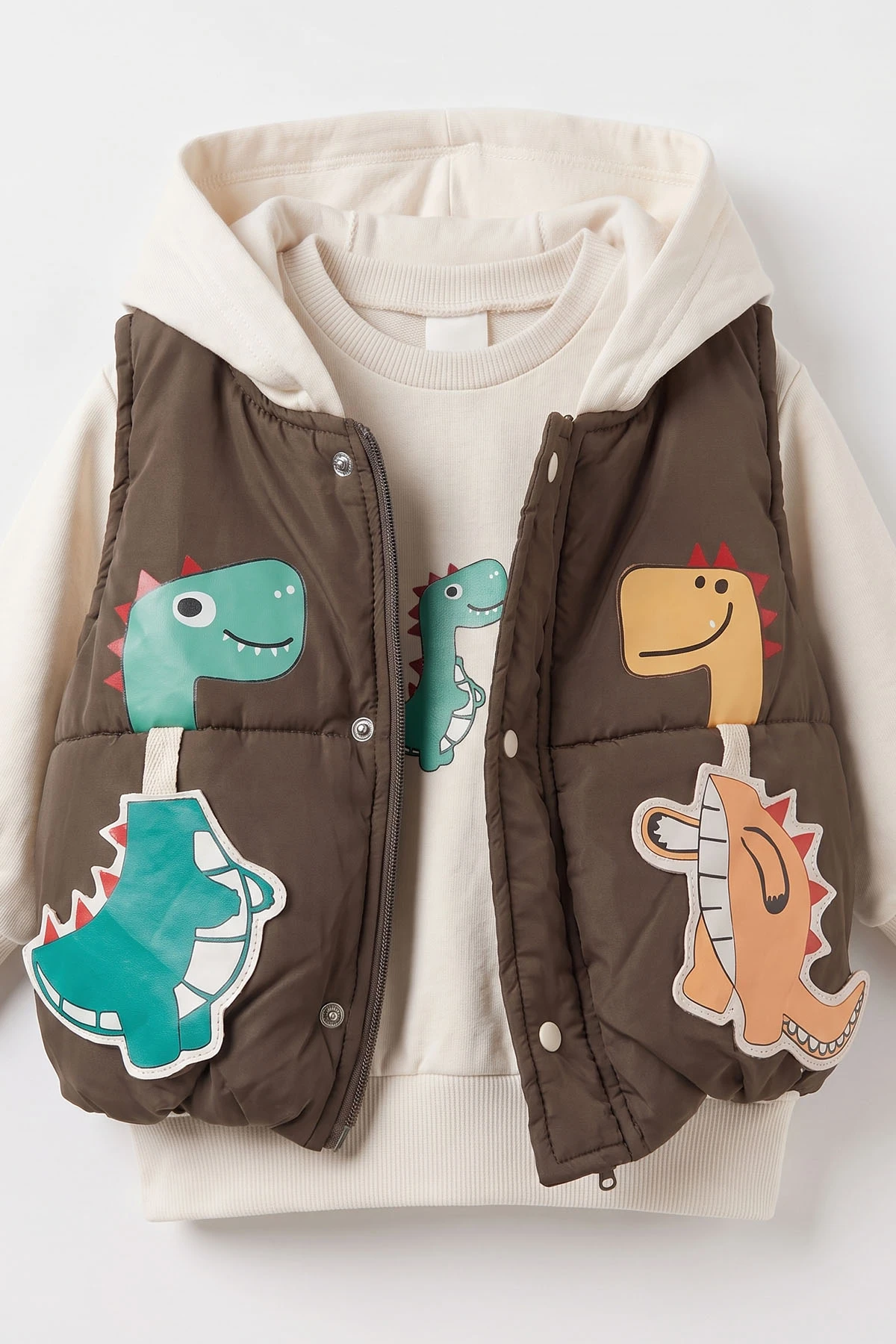 Yeşil (6-24 Ay) Yeleği Dinozor Baskılı Kapüşonlu  Erkek Bebek 3'lü Takım 473244