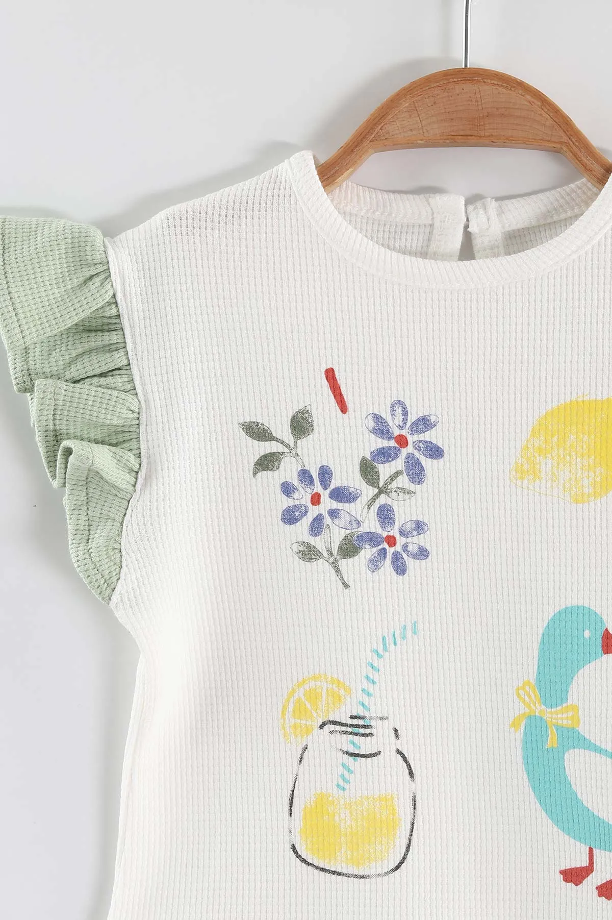 Yeşil (6-24 Ay)Baskılı Koldan Fırfırlı Waffle  Kız Bebek  Yazlık Takım 440526