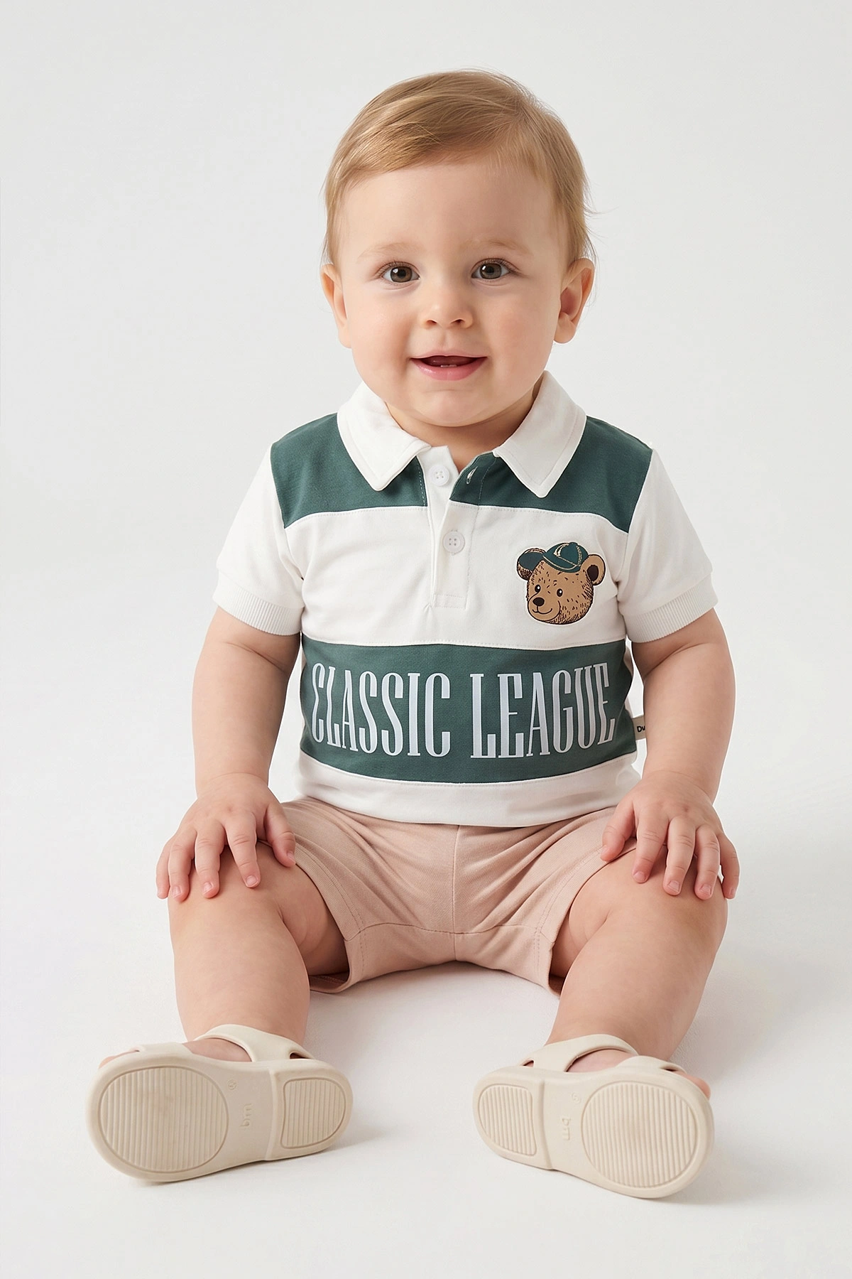 Yeşil (6-24 Ay)Classic Leauge Baskılı Polo Yaka   Tişört ve Şortlu Erkek Bebek Yazlık Takım 467558