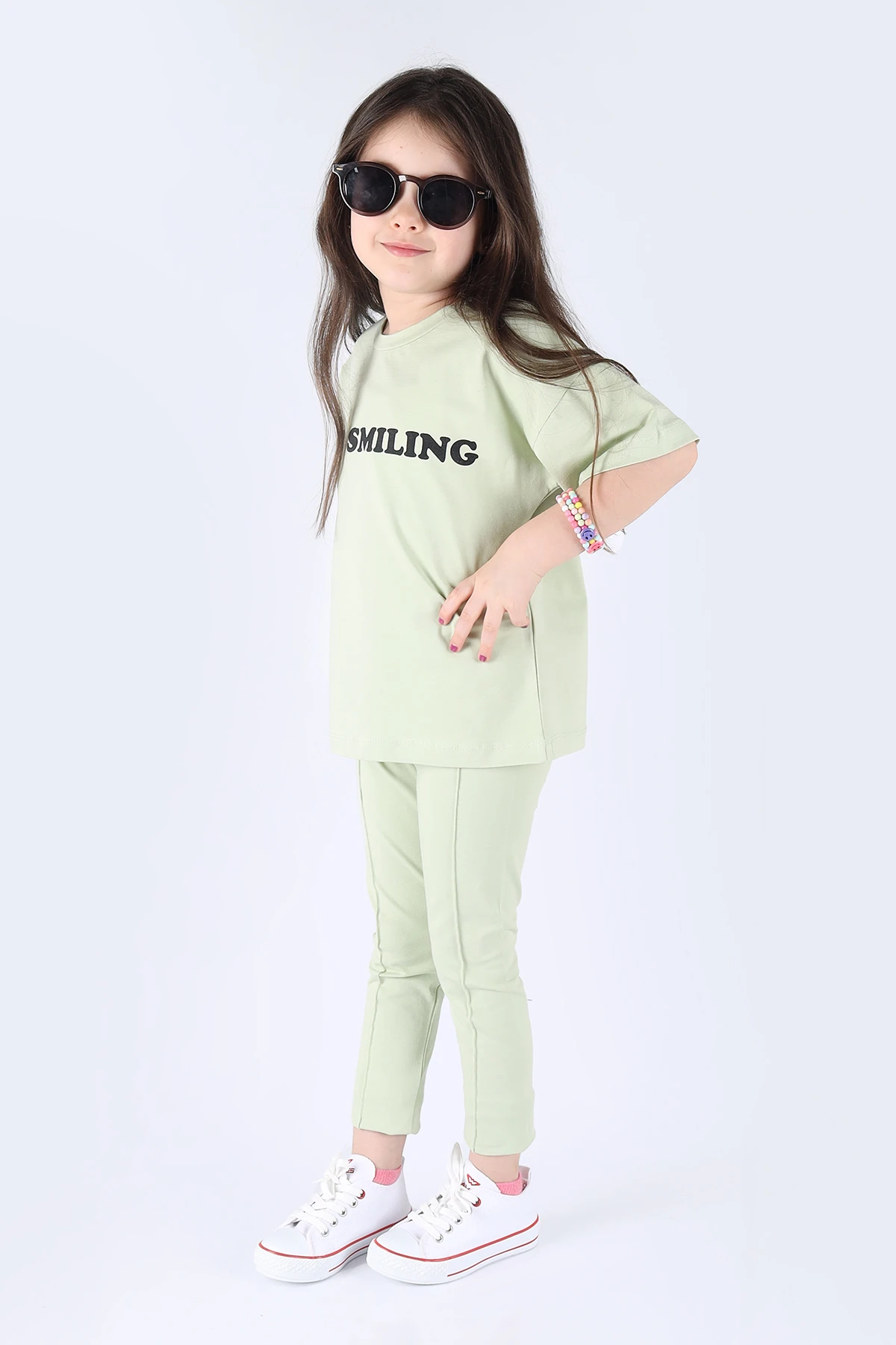 Yeşil (6-9 Yaş) Keep Smiling Baskılı Kız Çocuk Takım 264476