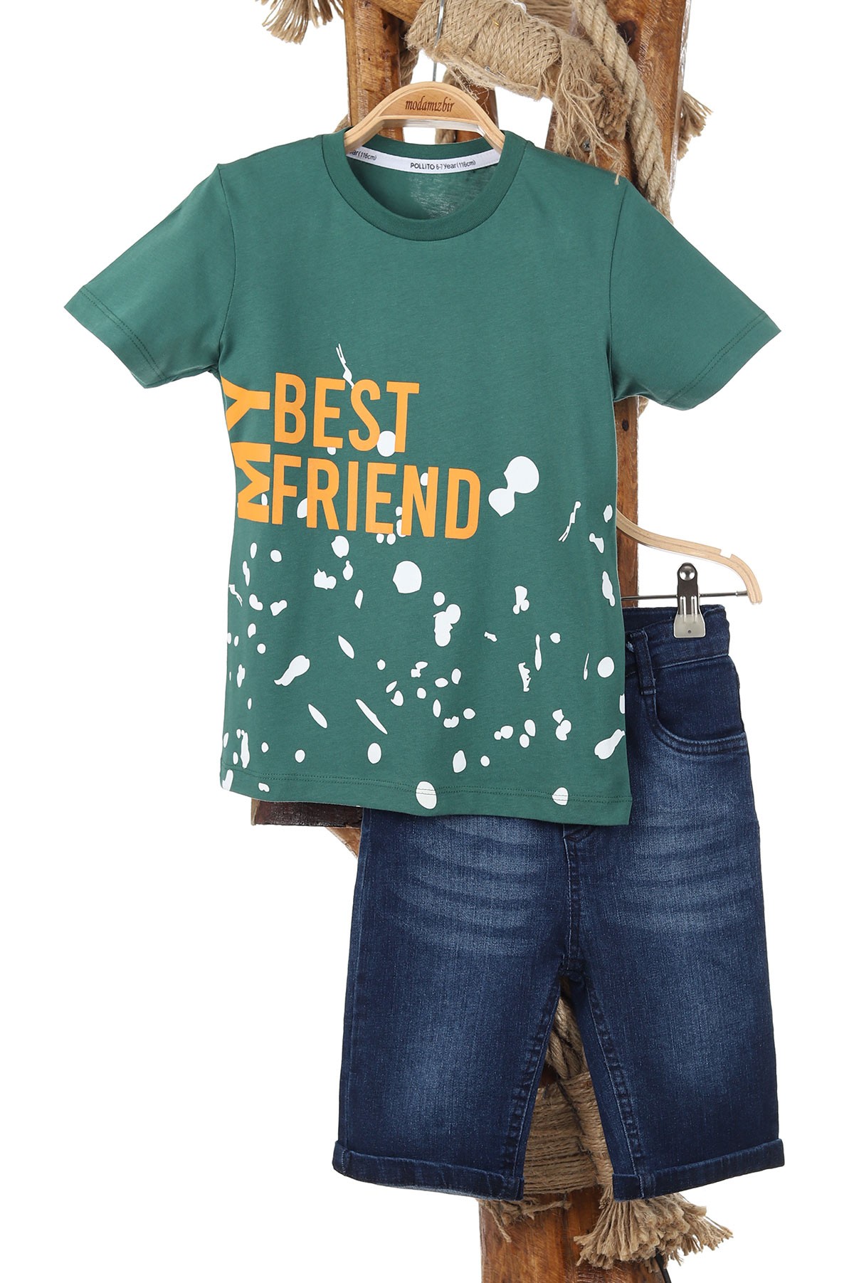 Yeşil (6-9 Yaş) My Best Frıend Baskılı Kot Şortlu Erkek Çocuk Takım 164614