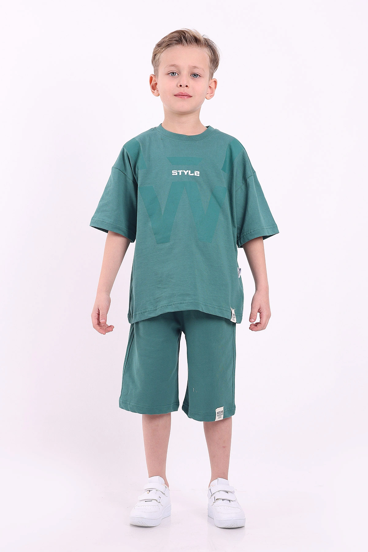 Yeşil (7-10 Yaş) Style Baskılı Şortlu Penye Erkek Çocuk Yazlık Takım 347469