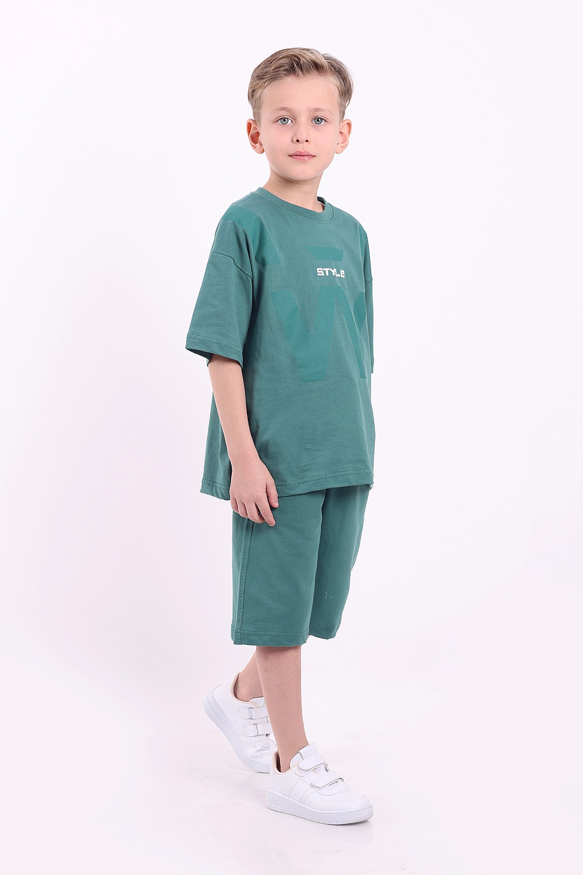 Yeşil (7-10 Yaş) Style Baskılı Şortlu Penye Erkek Çocuk Yazlık Takım 347469