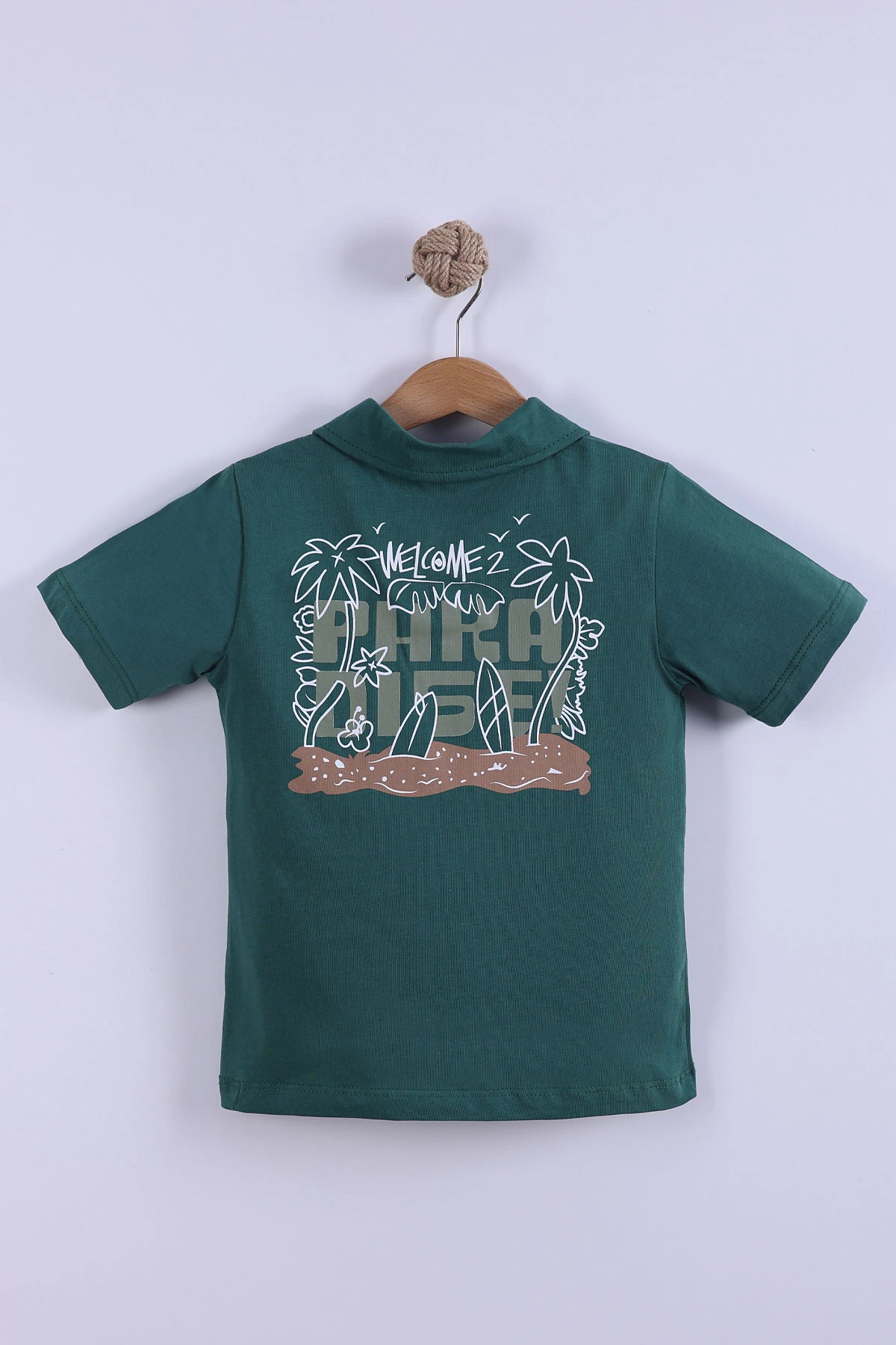 Yeşil (7-11 Yaş) Surf Tribe Baskılı Gömlek Yaka Tişörtlü   Gabardin  Şortlu Erkek Çocuk Yazlık Takım 441757