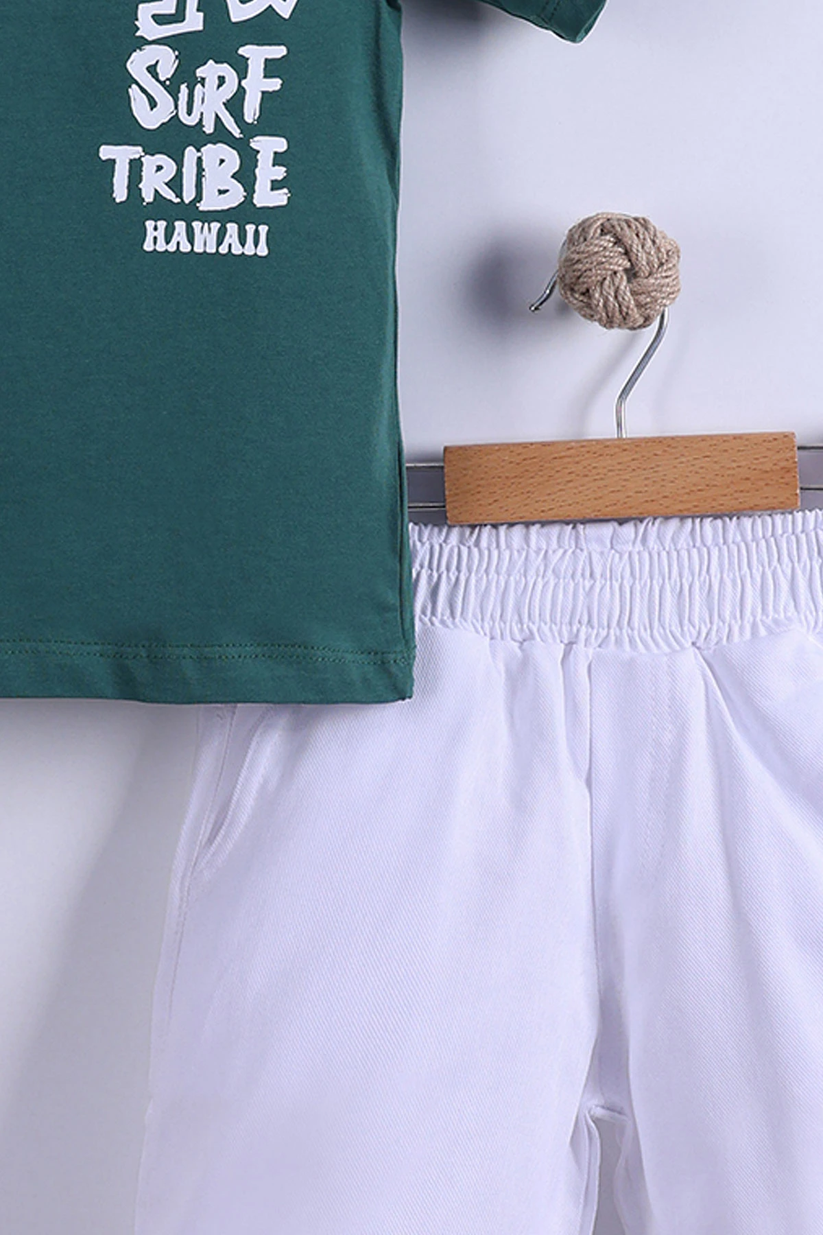 Yeşil (7-11 Yaş) Surf Tribe Baskılı Gömlek Yaka Tişörtlü   Gabardin  Şortlu Erkek Çocuk Yazlık Takım 441757