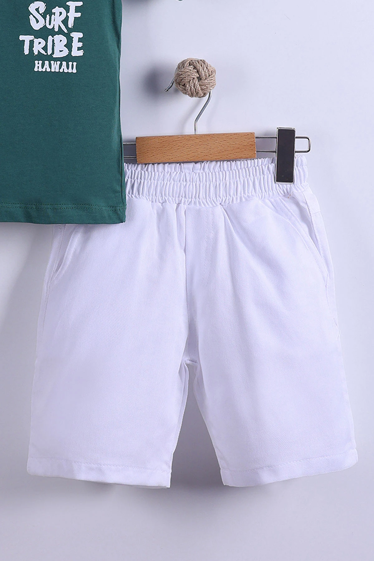 Yeşil (7-11 Yaş) Surf Tribe Baskılı Gömlek Yaka Tişörtlü   Gabardin  Şortlu Erkek Çocuk Yazlık Takım 441757
