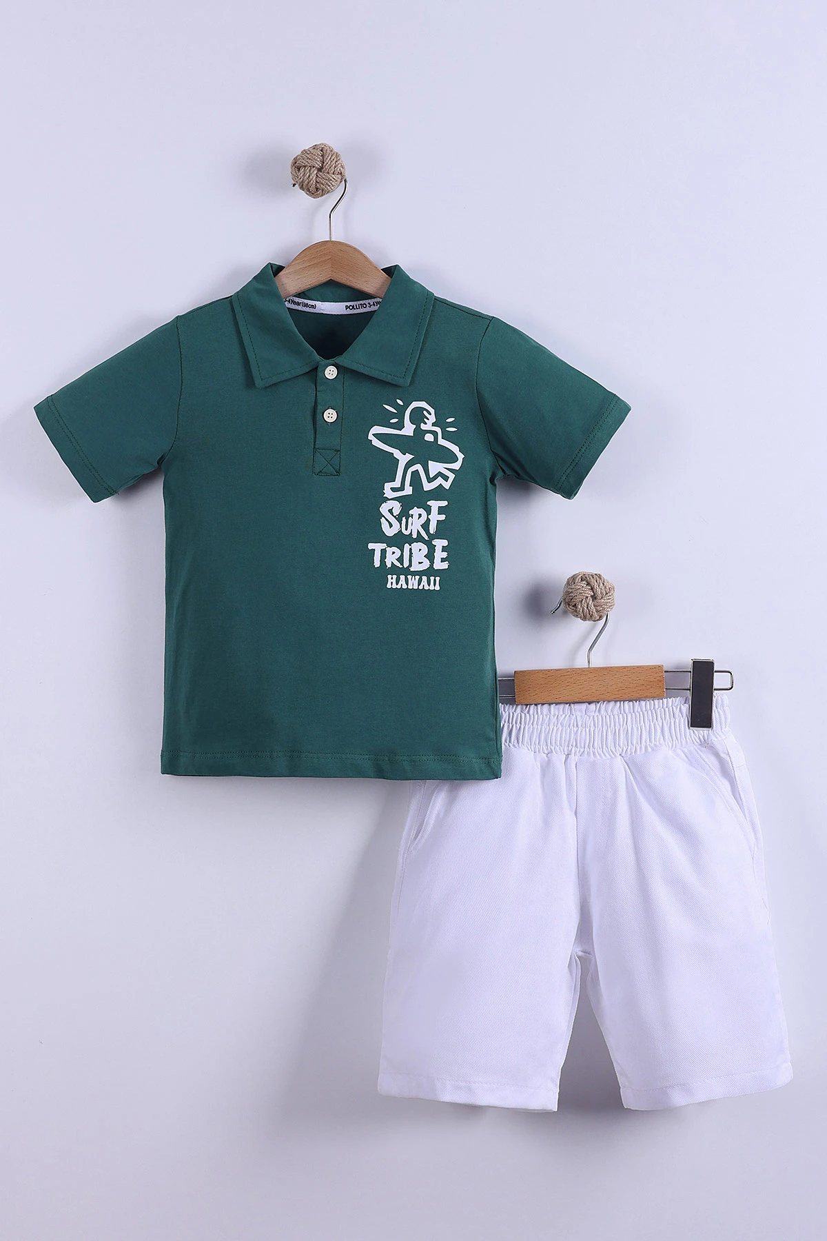 Yeşil (7-11 Yaş) Surf Tribe Baskılı Gömlek Yaka Tişörtlü   Gabardin  Şortlu Erkek Çocuk Yazlık Takım 441757