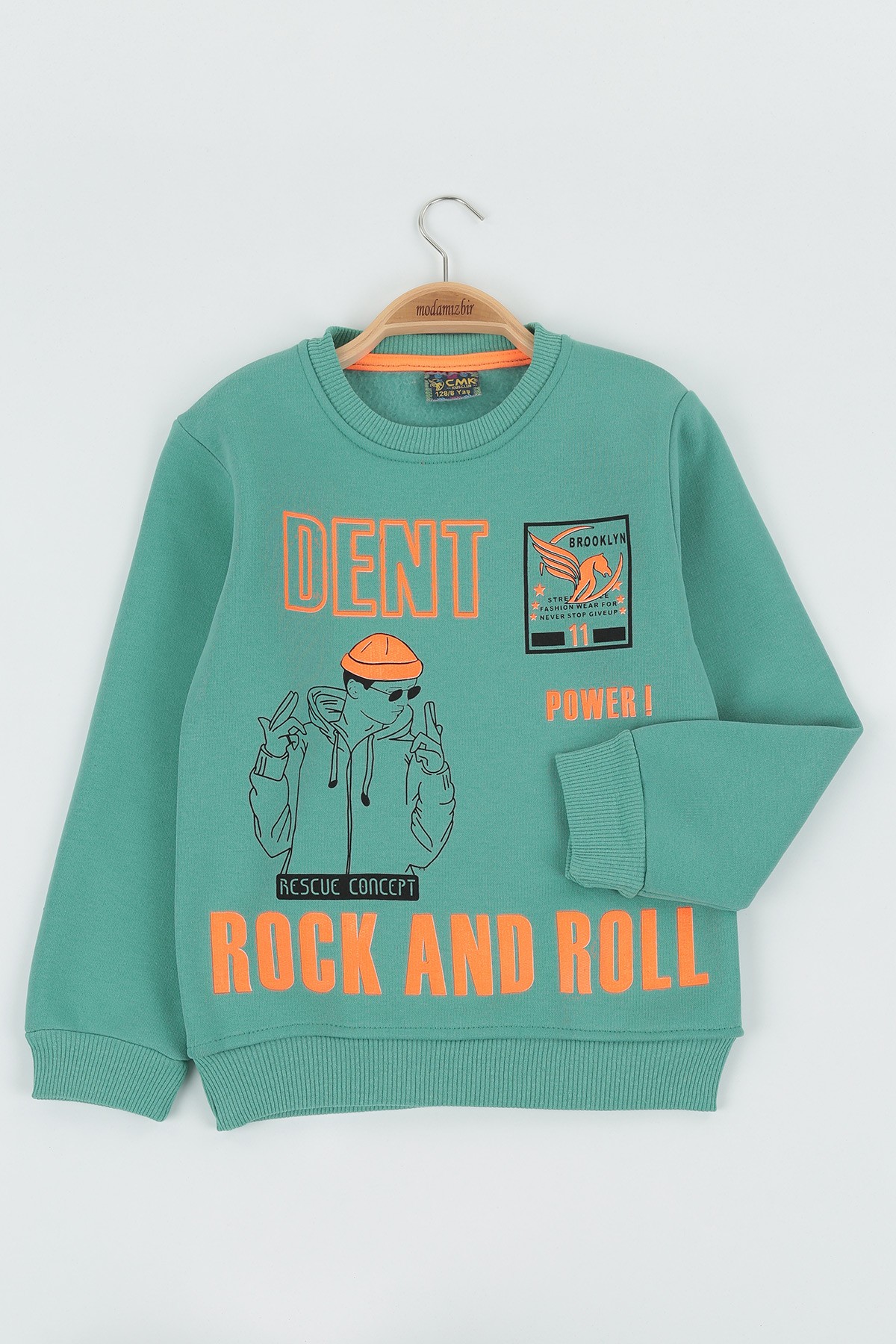 Yeşil (8-12 Yaş) Dent Baskılı Üç İp Şardonlu Erkek Çocuk Sweat polar 135278