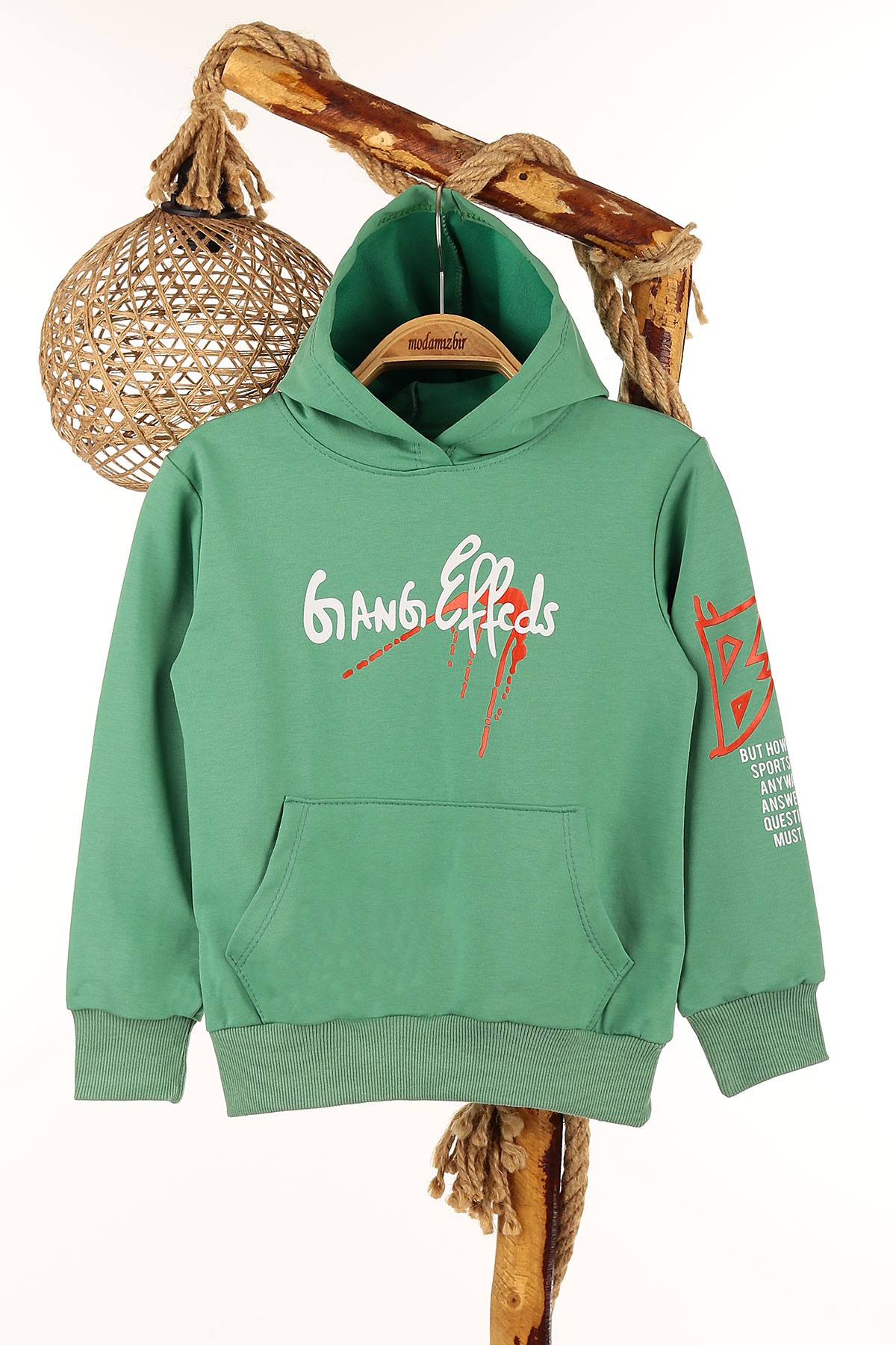 Yeşil (9-12 Yaş) Gang Baskılı Kapşonlu Erkek Çocuk Sweat 148977