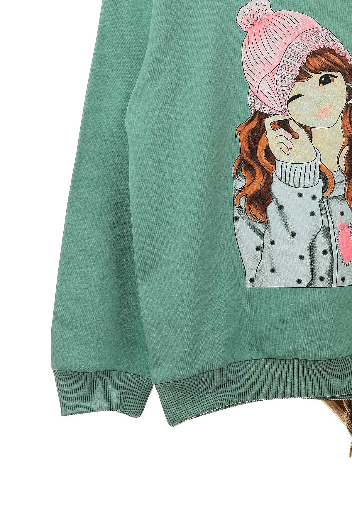 Yeşil (9-12 Yaş) Küpeli Kız Baskılı  İki İp Şardonlu Kız Çocuk Sweat 149074