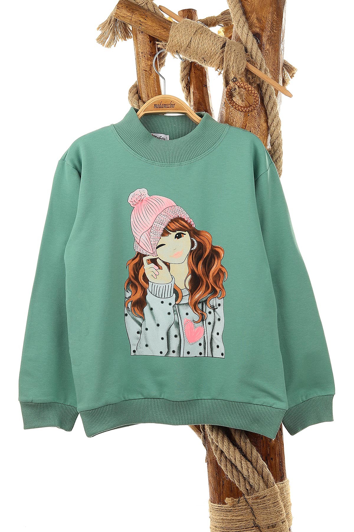 Yeşil (9-12 Yaş) Küpeli Kız Baskılı  İki İp Şardonlu Kız Çocuk Sweat 149074