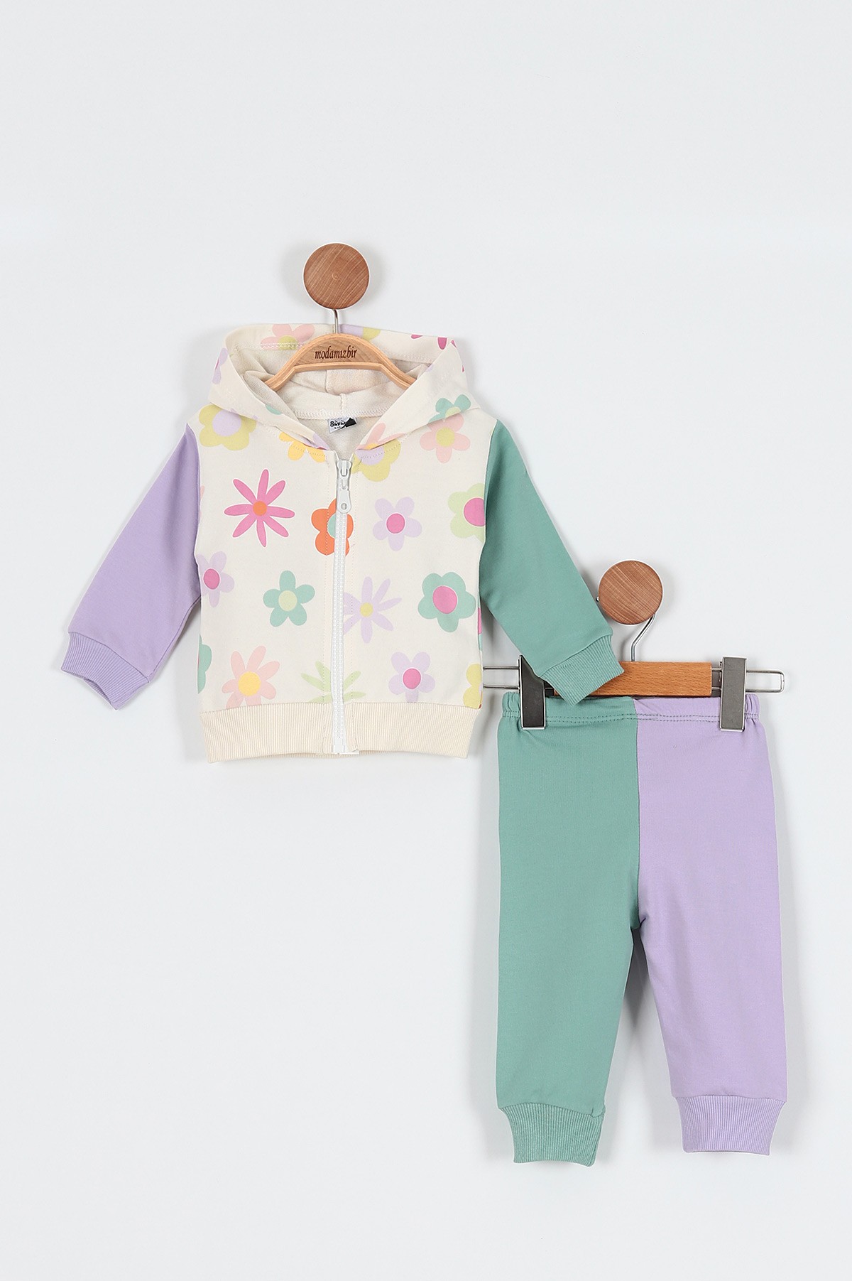 Yeşil (9-24 Ay) Çift Parçalı Çiçek Baskılı Hırka Detaylı Kız Bebe Takım 198307