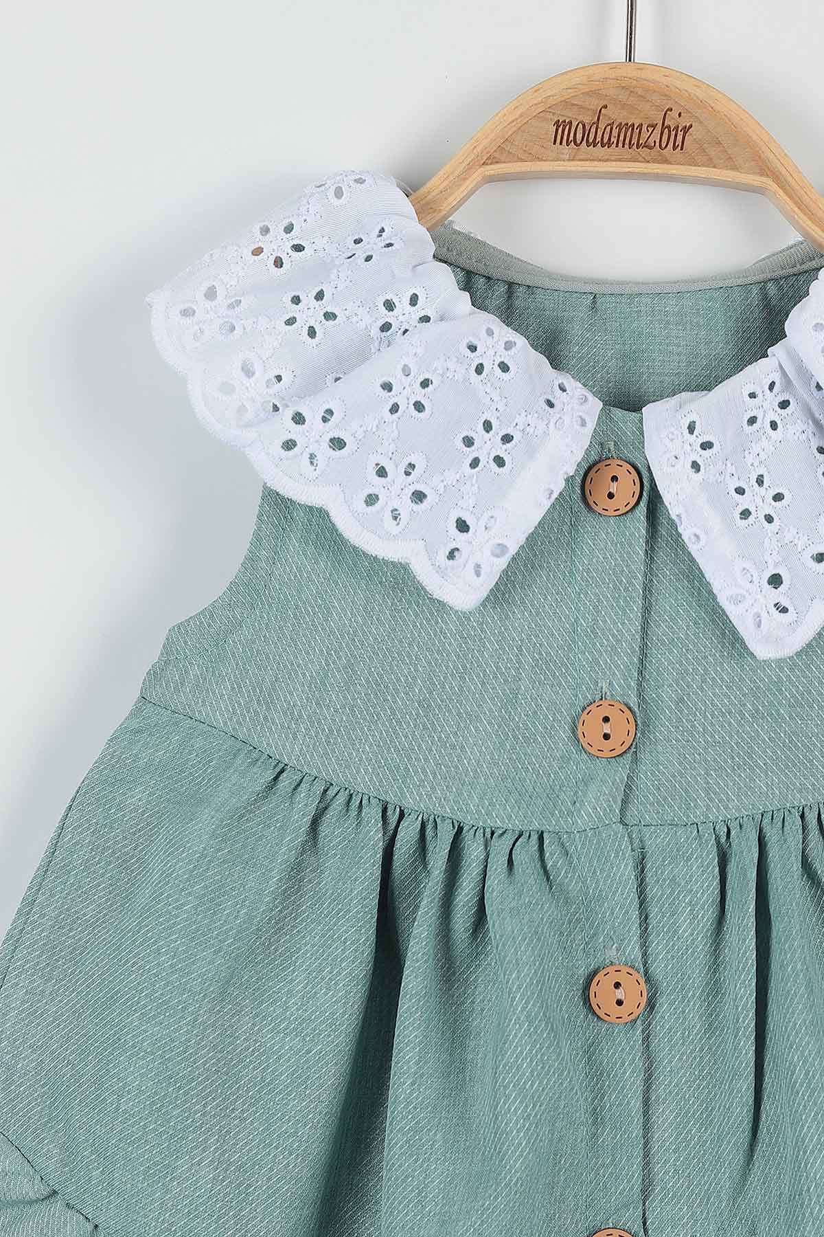 Yeşil (9-24 Ay) Düğmeli Yaka Detaylı Kız Bebe Elbise 176475