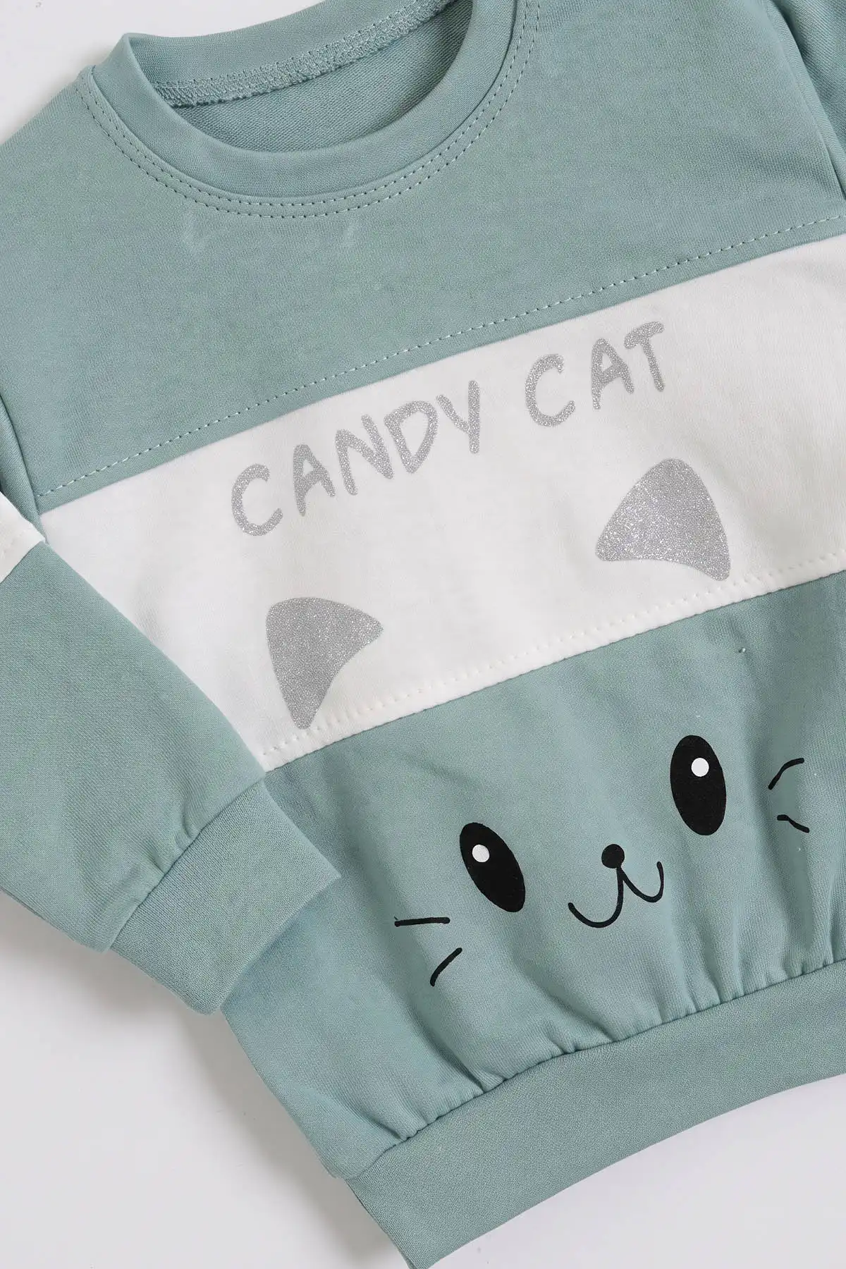 Yeşil (9-24  Ay)  Kedi Baskılı   Lastikli Paça Penye  Kız Bebek Takım 480176