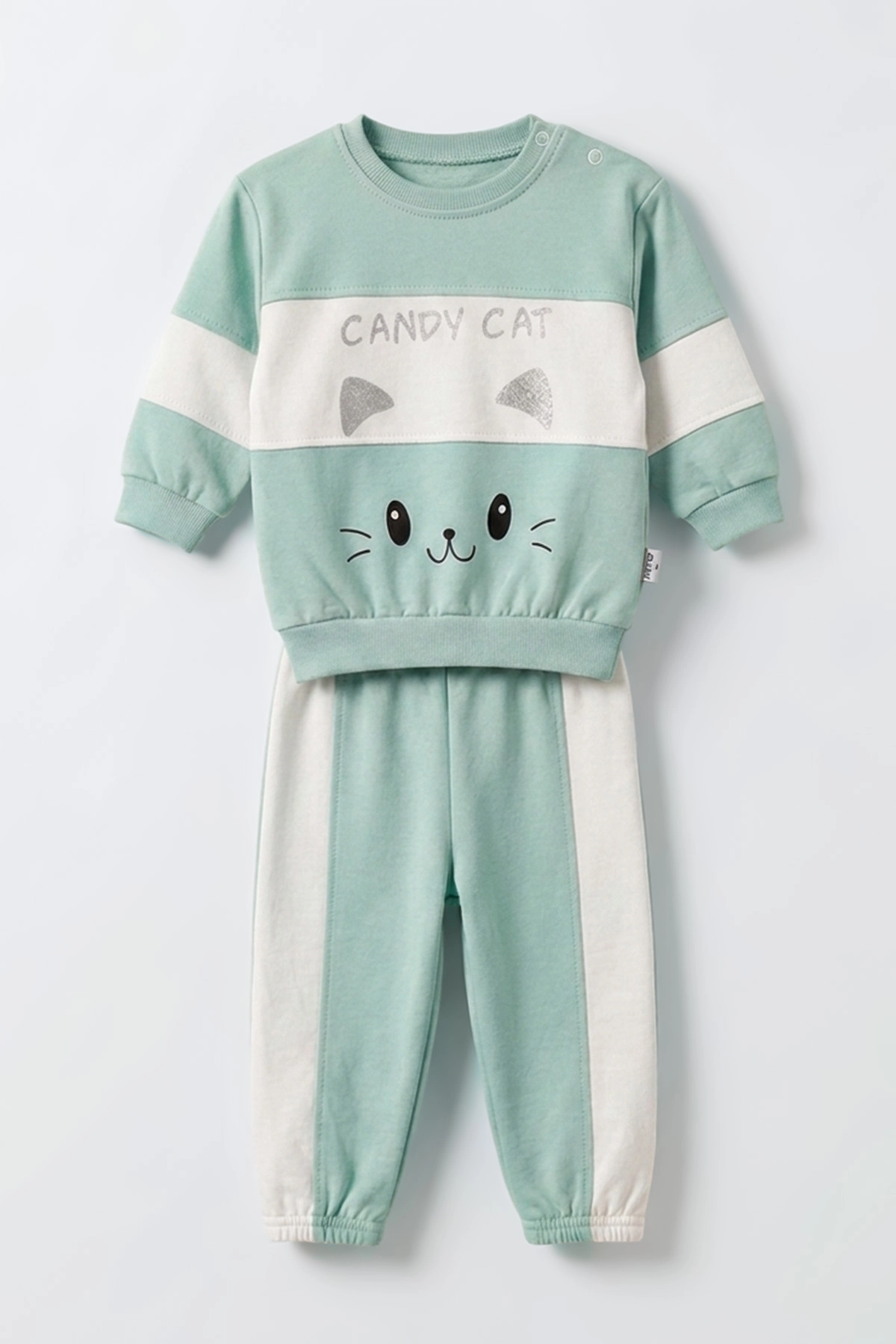 Yeşil (9-24  Ay)  Kedi Baskılı   Lastikli Paça Penye  Kız Bebek Takım 480176