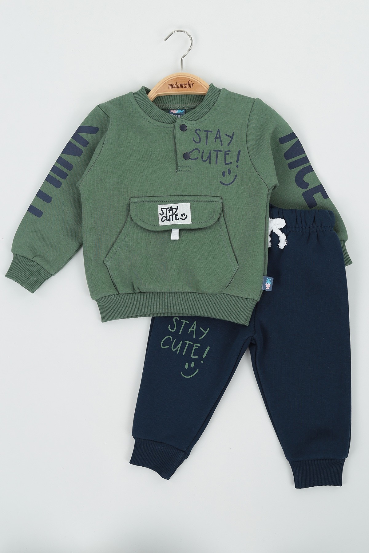 Yeşil (9-24 Ay) Stay Cute Baskılı Kapak Cepli Üç İp Şardonlu Erkek Çocuk Takım 136796