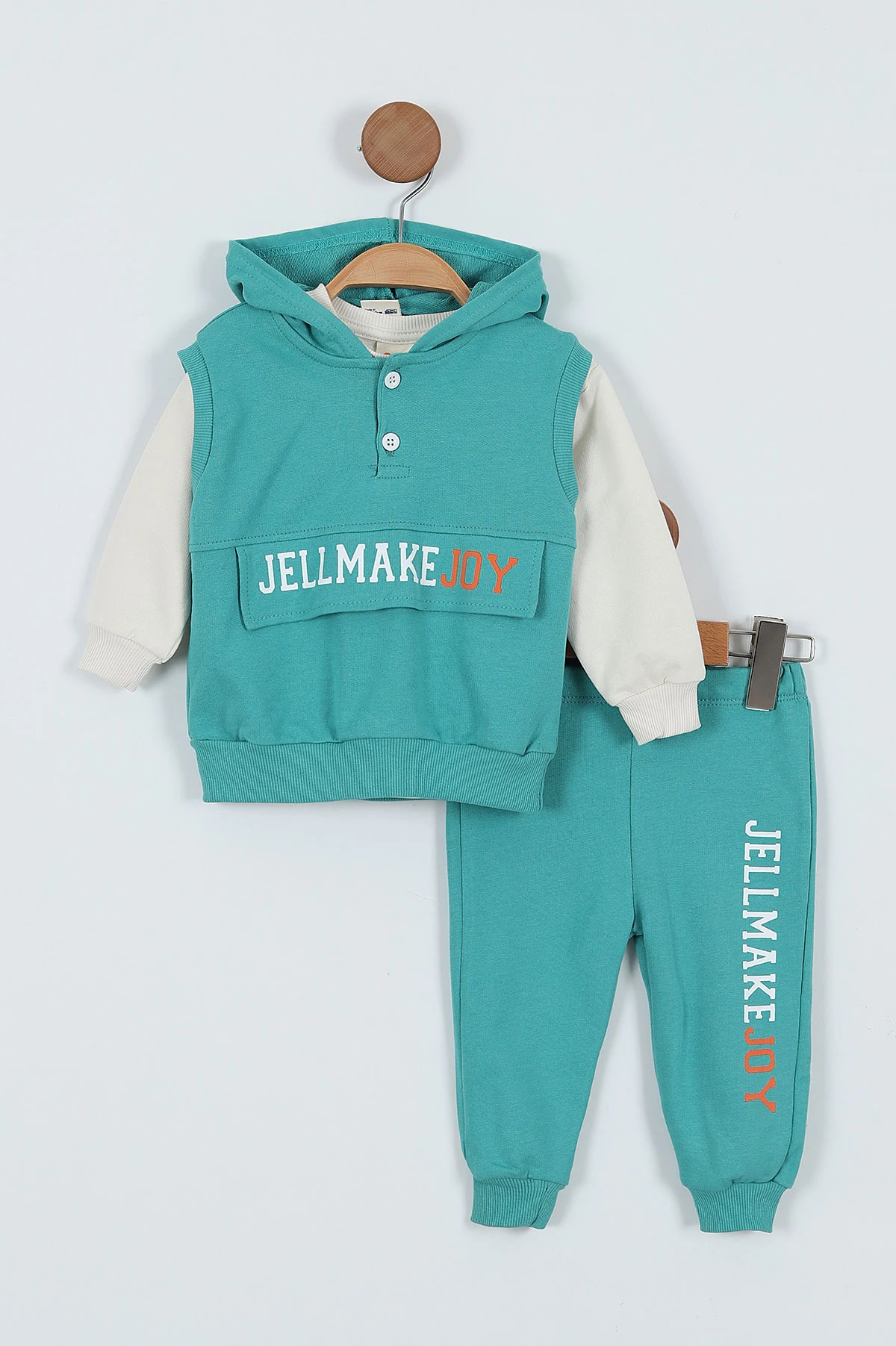 Yeşil (9-24 Ay)Kolsuz Kapüşonlu Sweatshirtlü Erkek Bebek Takım 345277