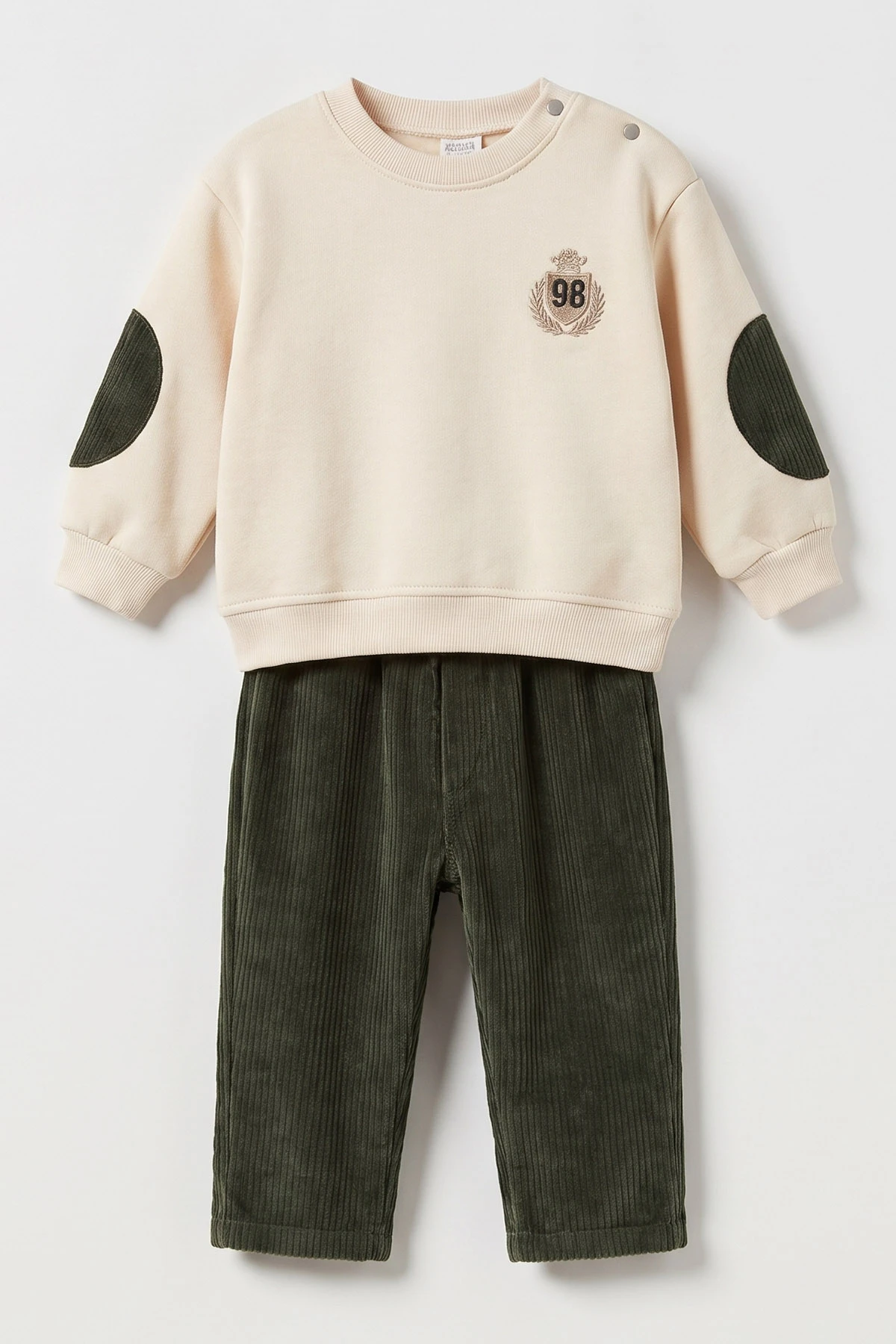 Yeşil (9-36 Ay) 98 Nakışlı 3 İp Şardonlu Sweatli Kadife Pantolonlu Erkek Bebek Kışlık Takım 501368