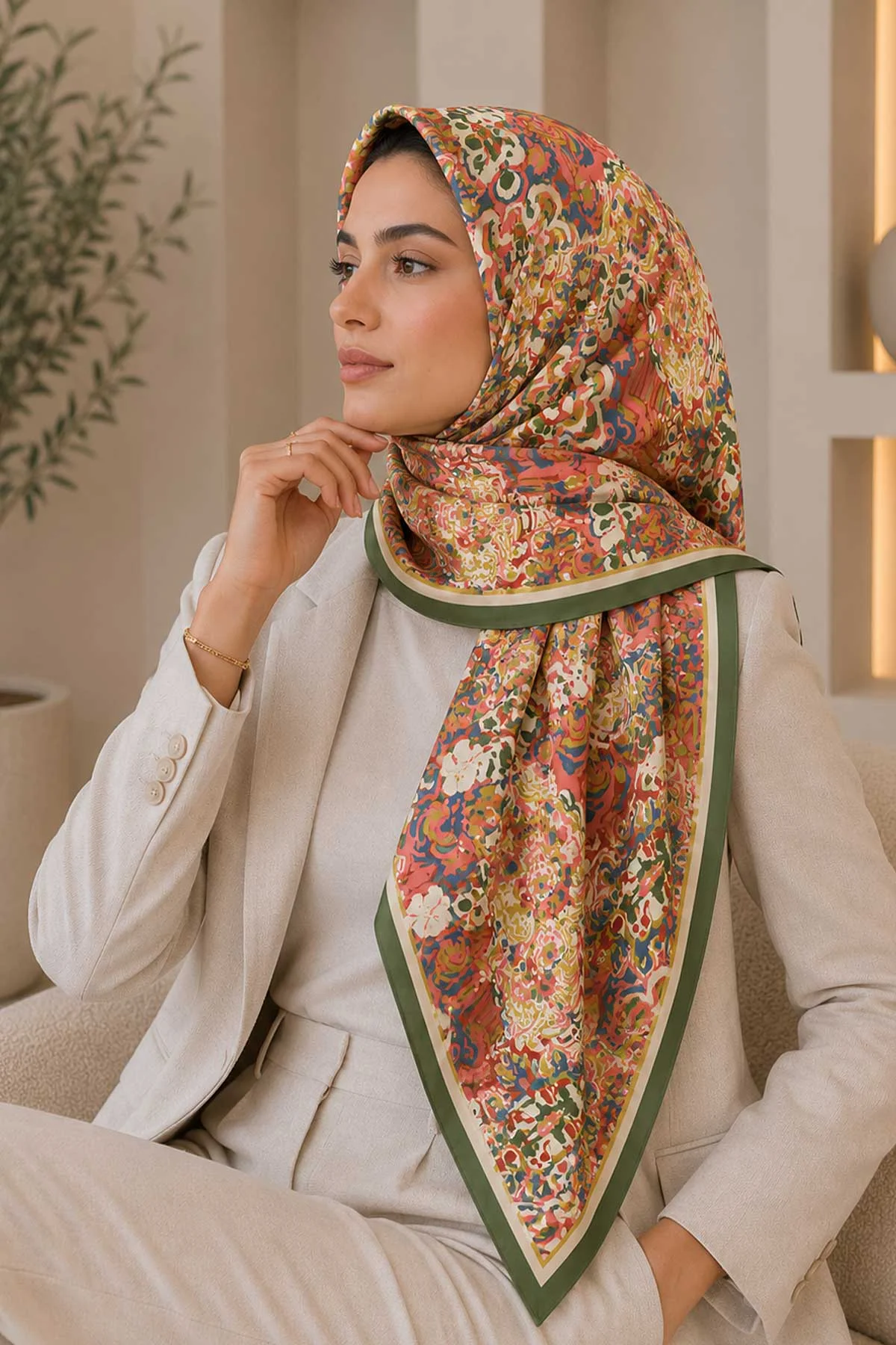 Küf Yeşil 95x95 Cm Dijital Baskılı Valencia Desen Soft Eşarp 473341
