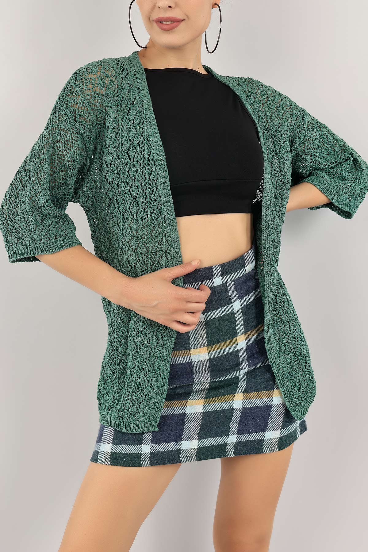 Yeşil Ajurlu Triko Hırka 124496