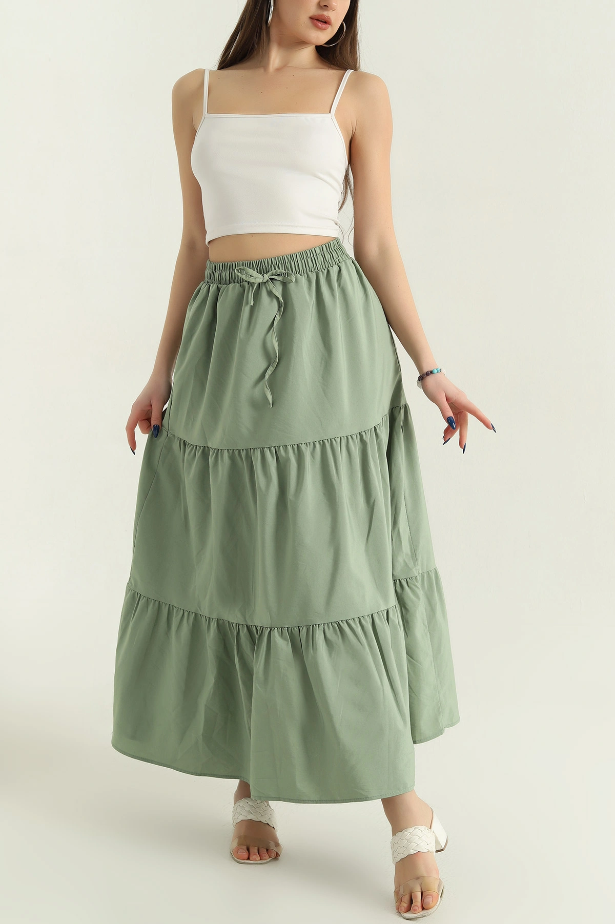 Yeşil Astarlı Beli Lastikli Poplin Etek 336900