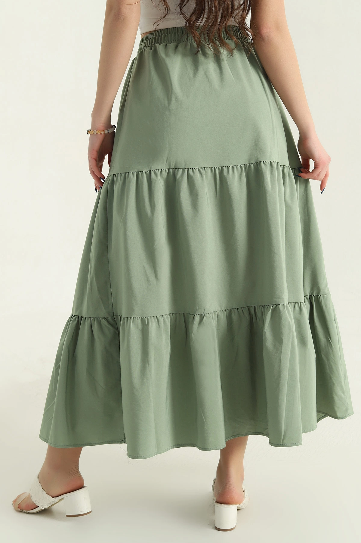 Yeşil Astarlı Beli Lastikli Poplin Etek 336900