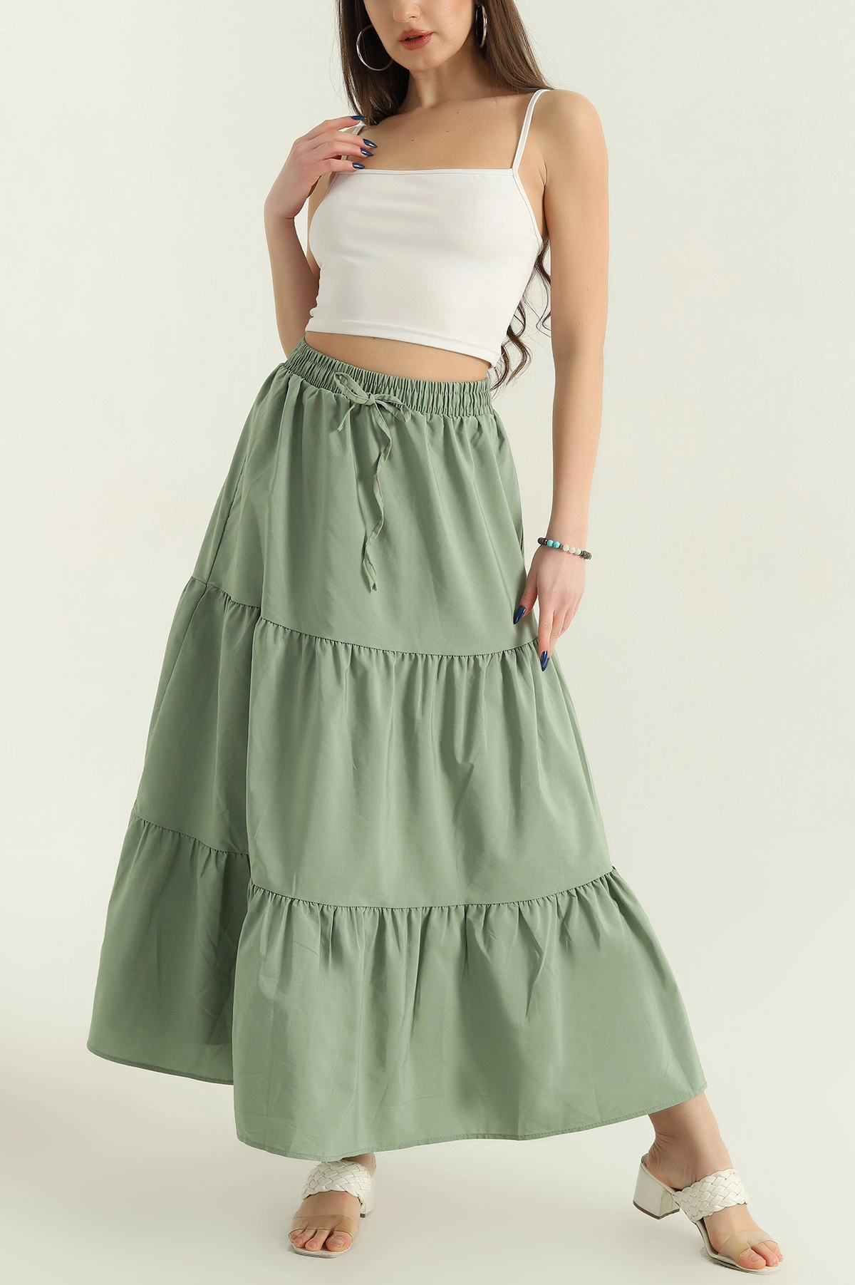 Yeşil Astarlı Beli Lastikli Poplin Etek 336900