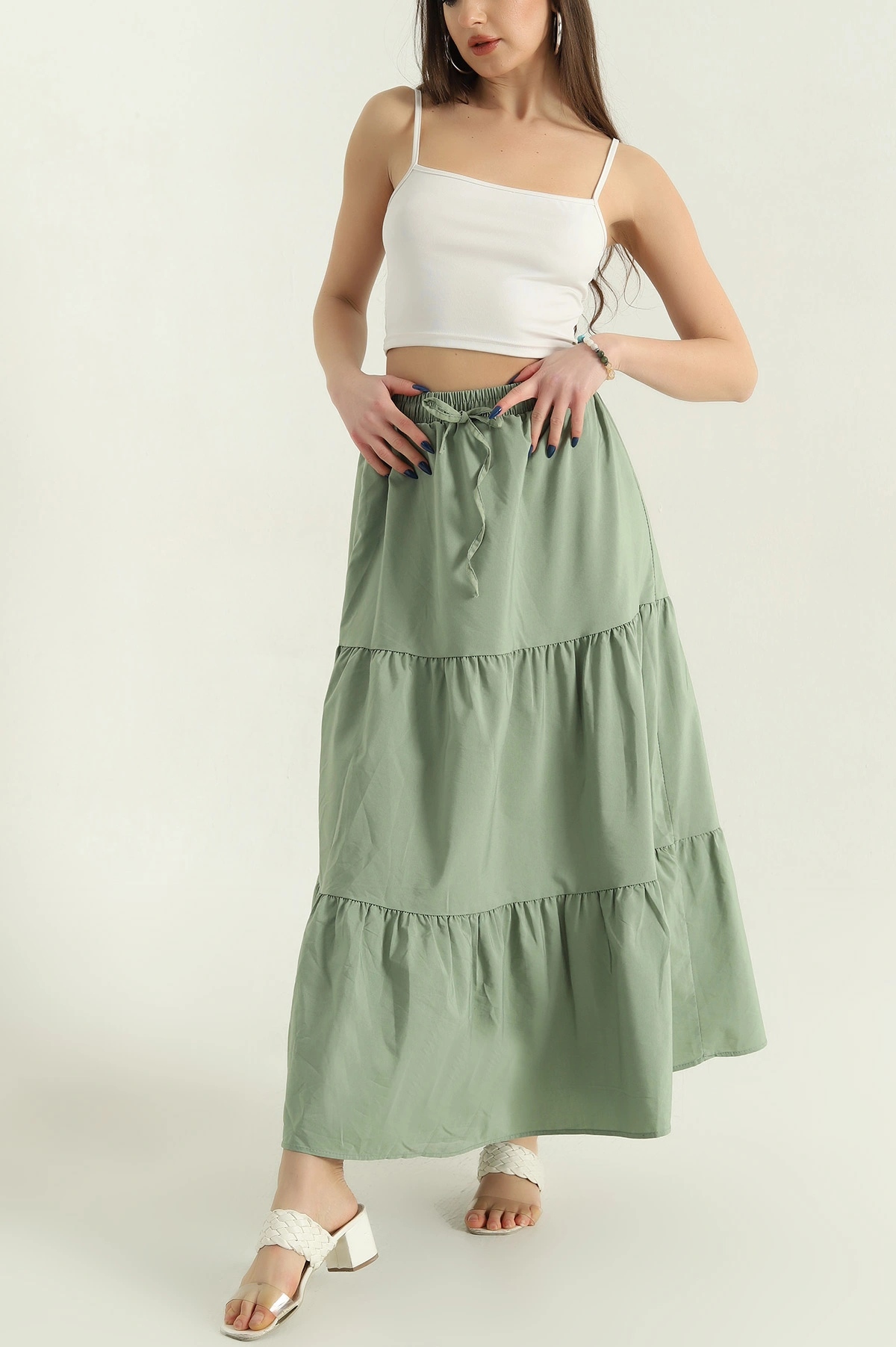 Yeşil Astarlı Beli Lastikli Poplin Etek 336900