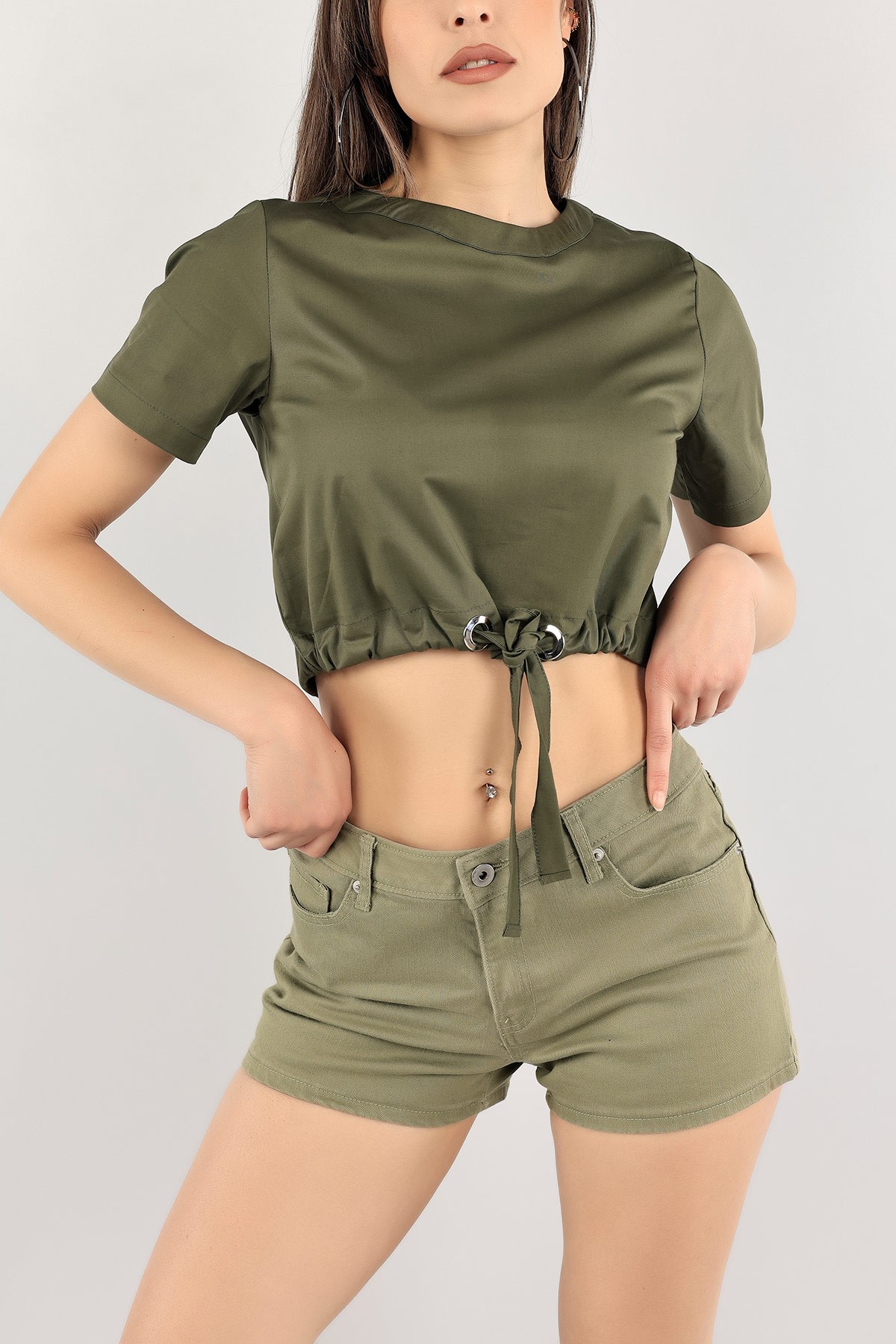Yeşil Bağlamalı Tensel Dokuma Bluz 113579