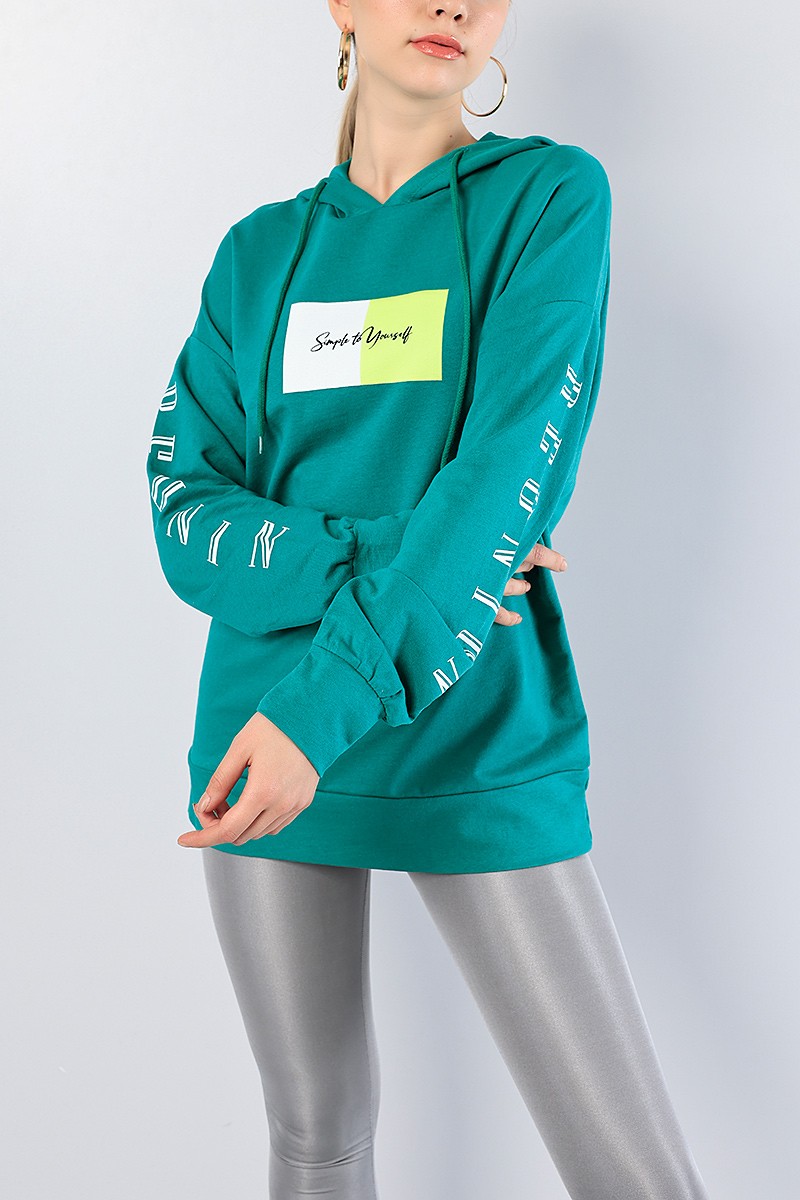 Yeşil Baskılı Bayan Kapüşonlu Sweat 81210