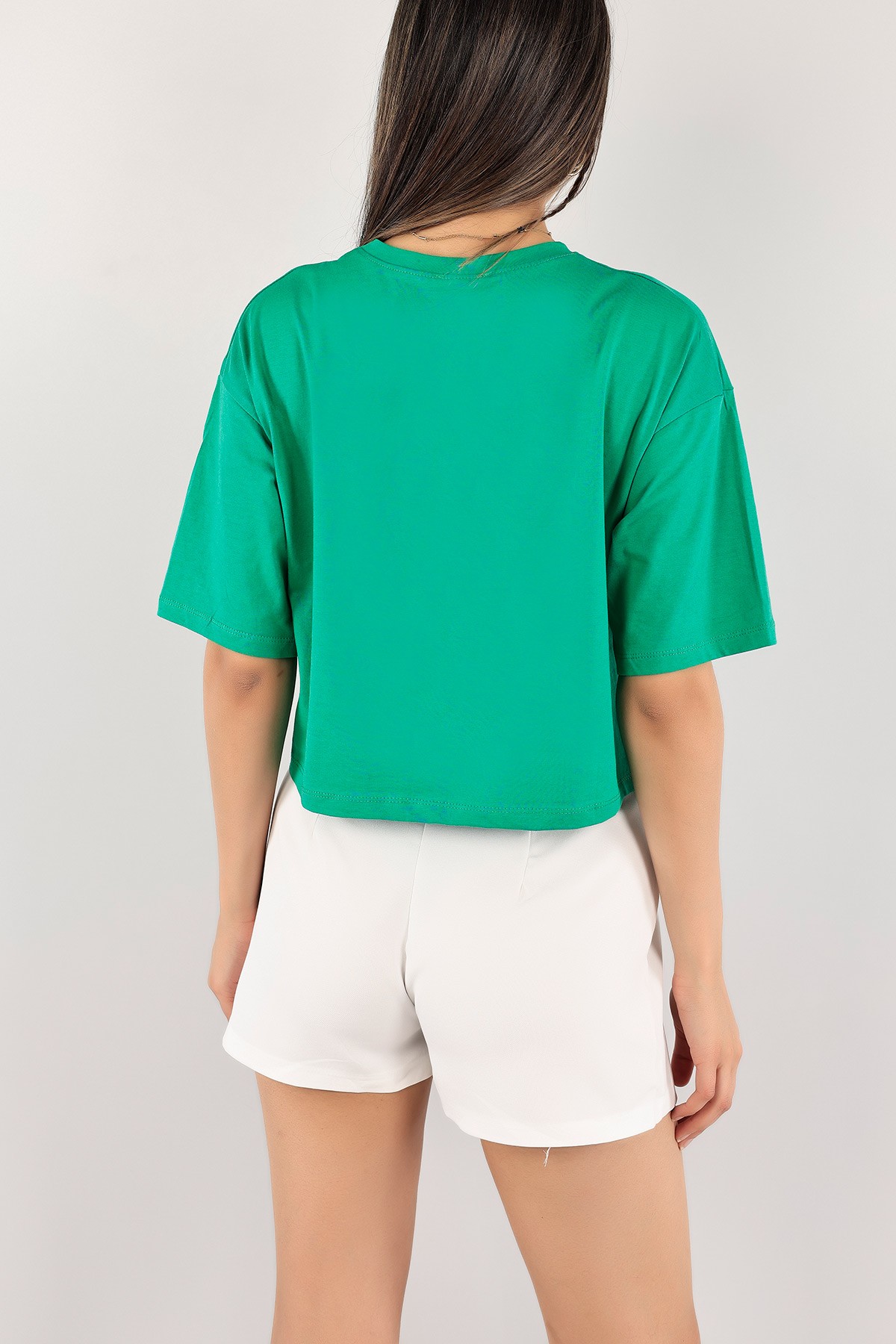 Yeşil Baskılı Crop Tişört 115292