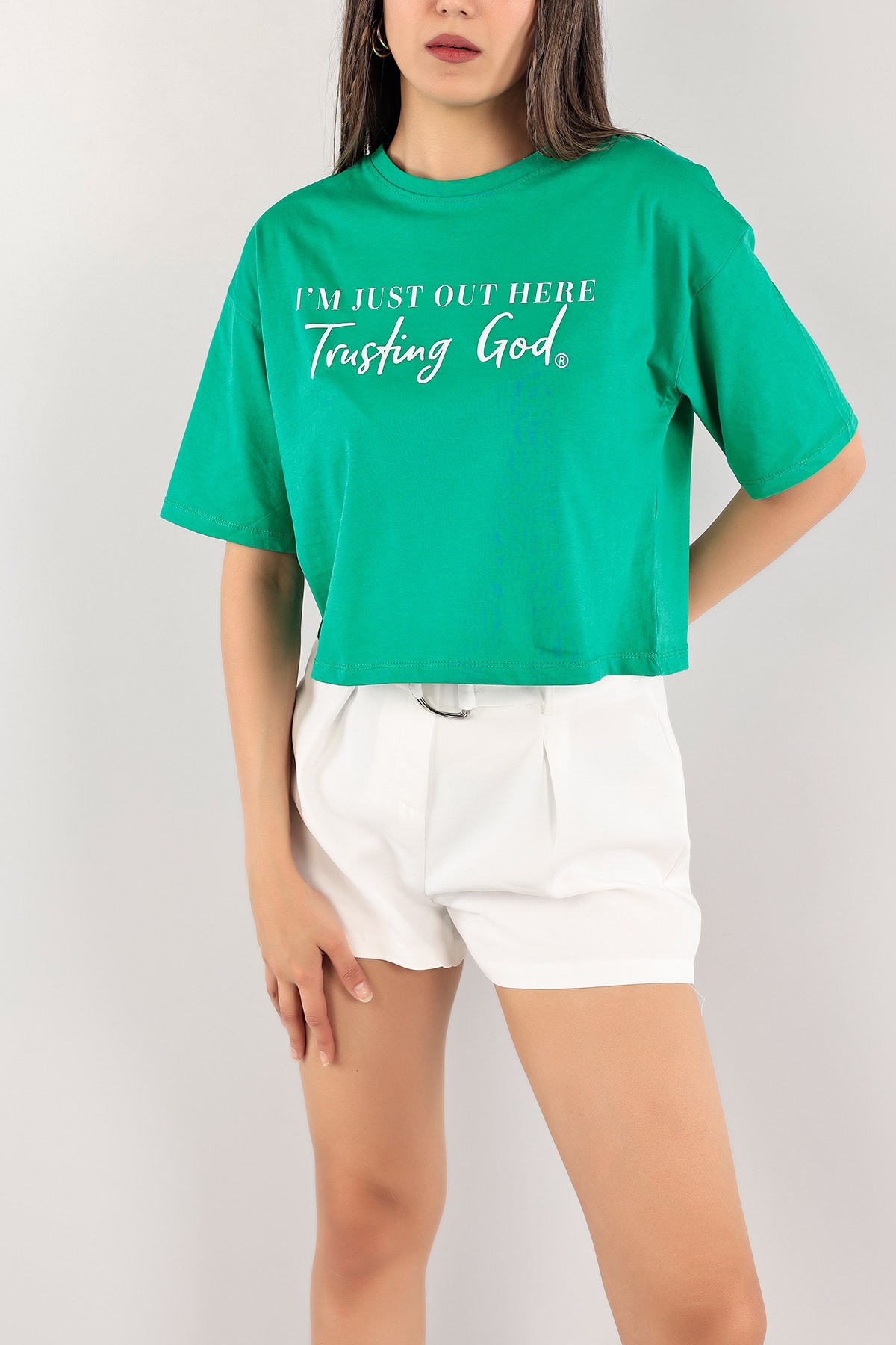 Yeşil Baskılı Crop Tişört 115292