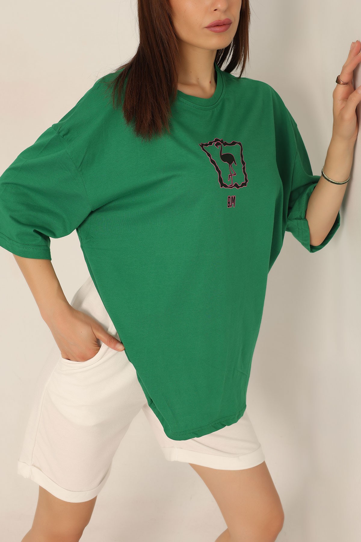 Yeşil Baskılı Oversize Tişört 193579