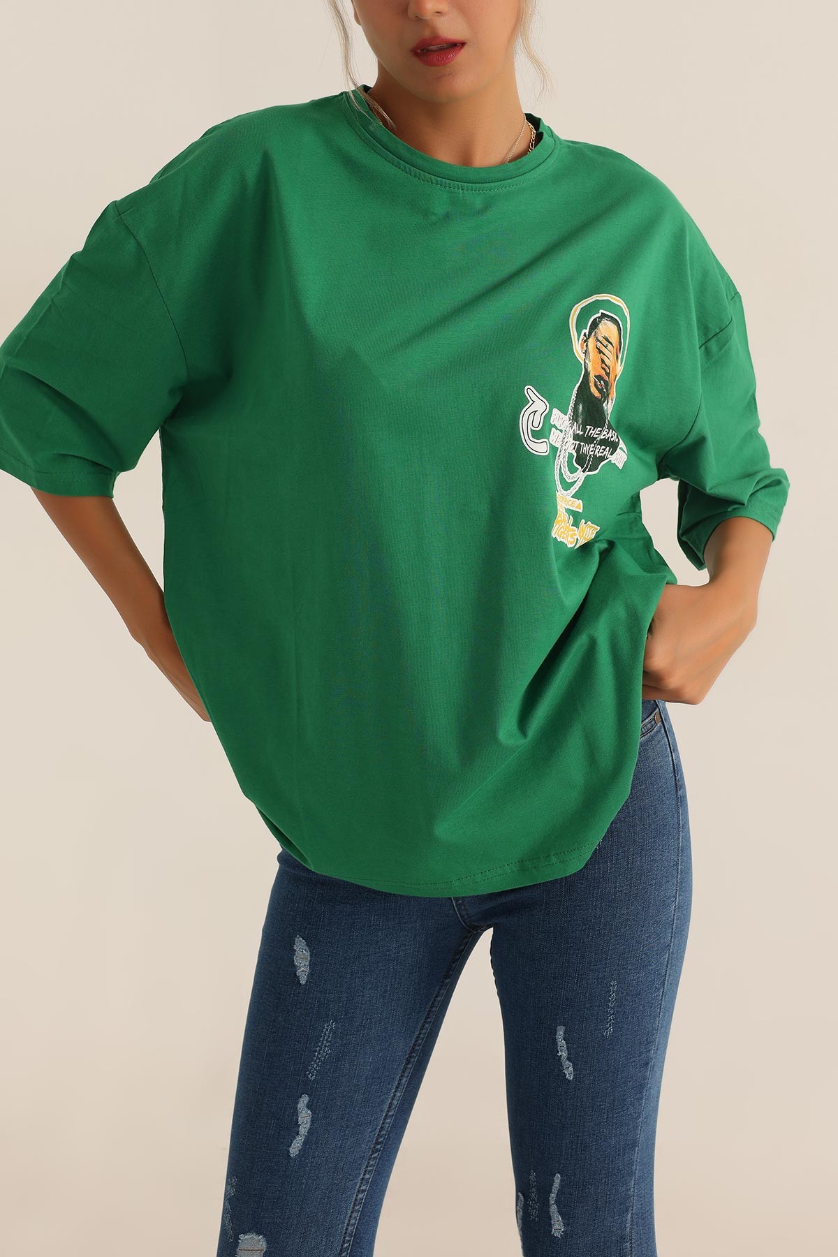 Yeşil Baskılı Oversize Tişört 193636