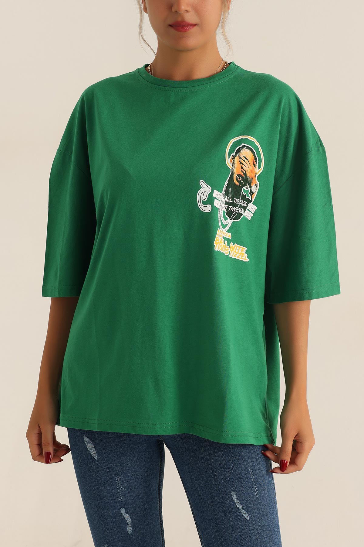 Yeşil Baskılı Oversize Tişört 193636