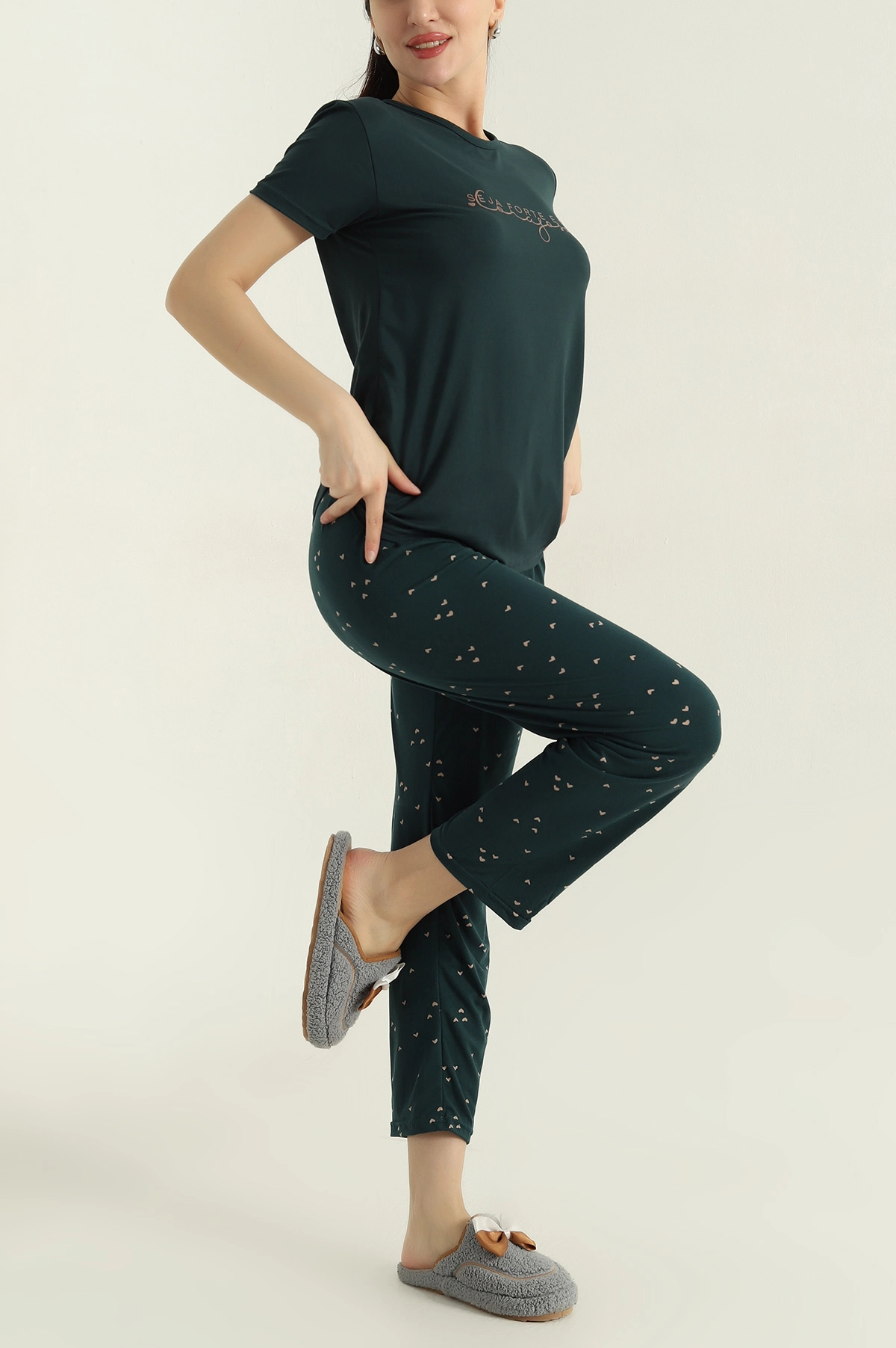 Yeşil Baskılı Viskon Kadın Pijama Takımı 347346