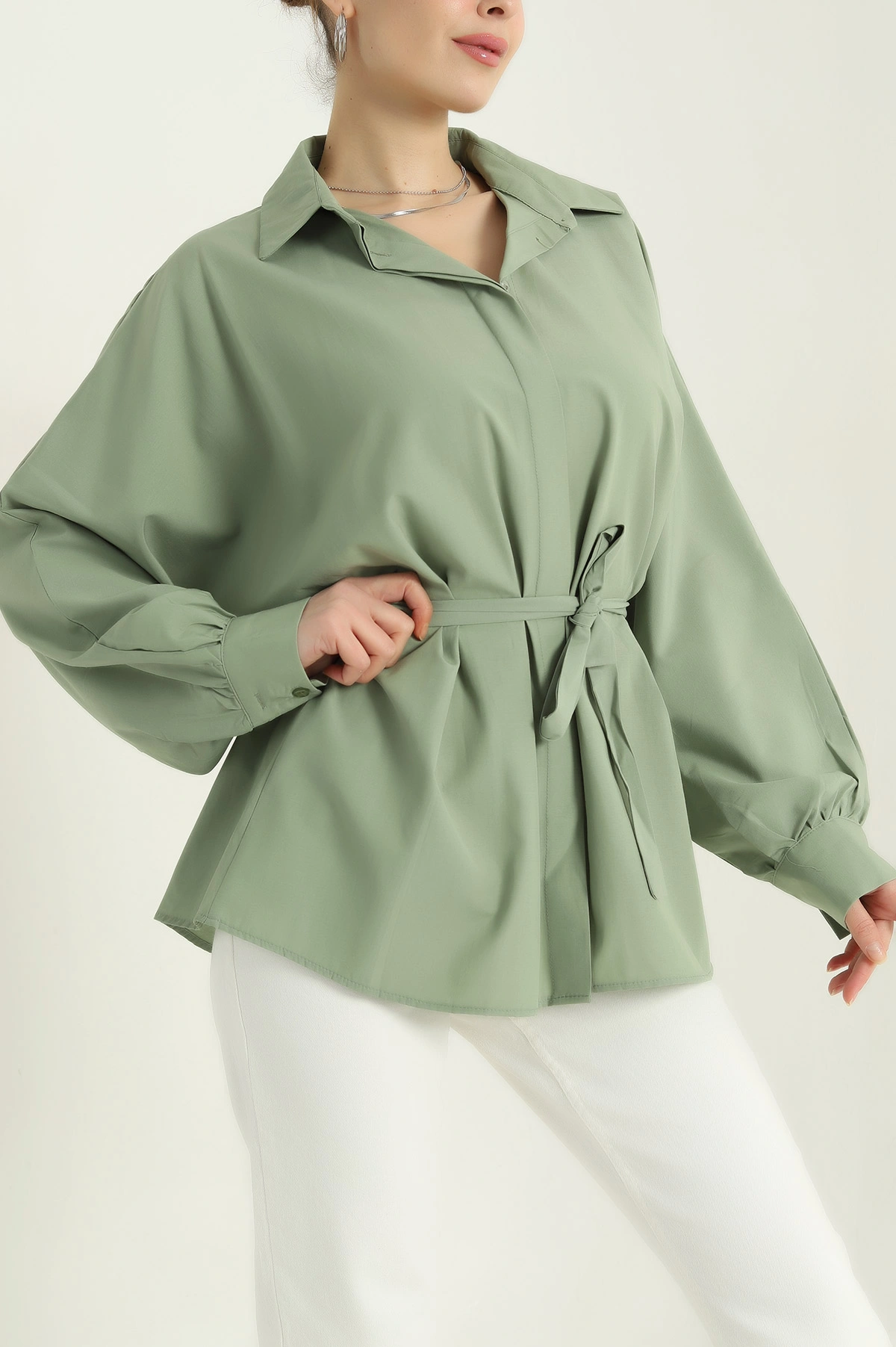 Yeşil Bel Bağlamalı Oversize Poplin Kadın Tunik Gömlek 346017