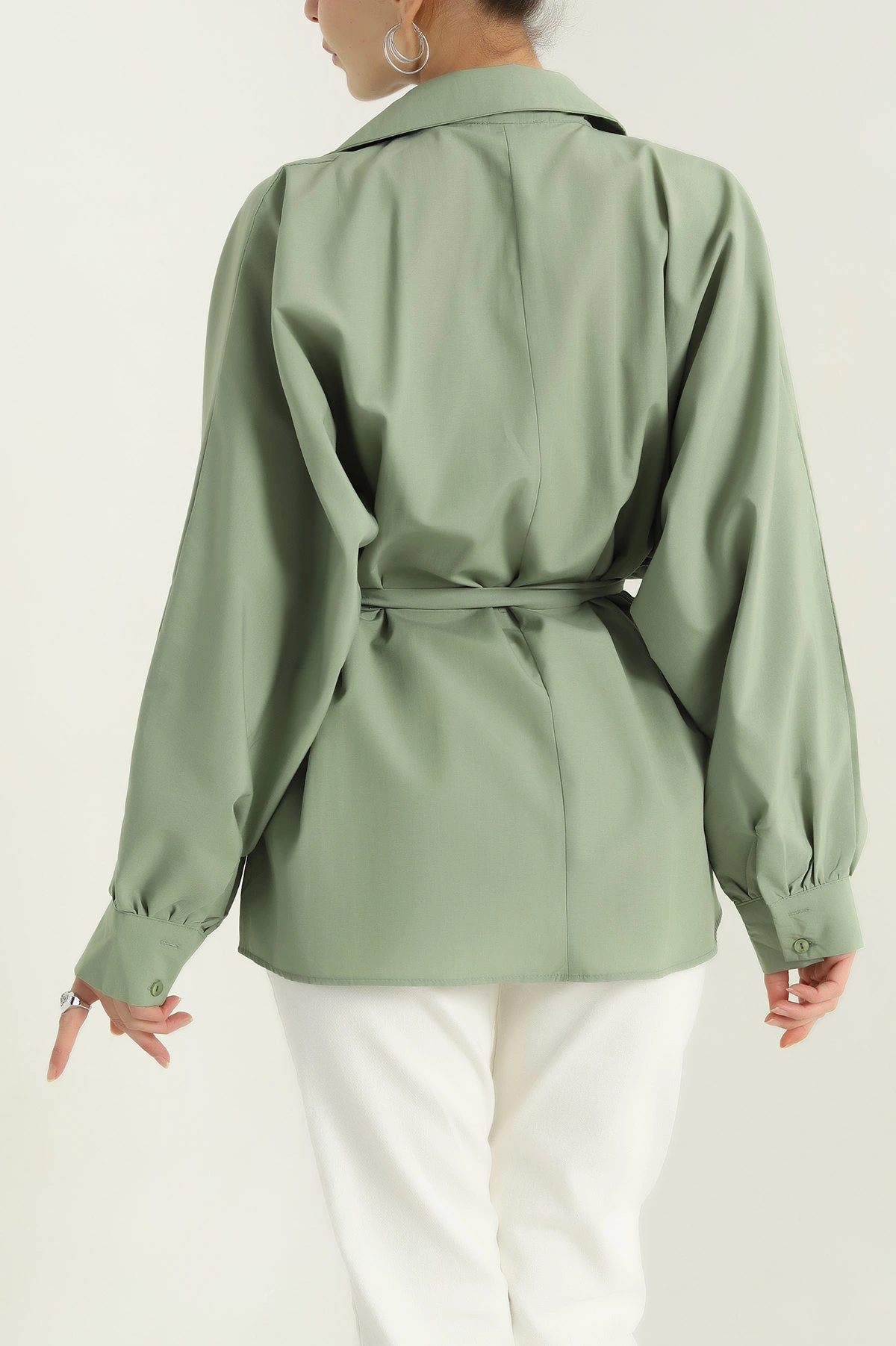 Yeşil Bel Bağlamalı Oversize Poplin Kadın Tunik Gömlek 346017