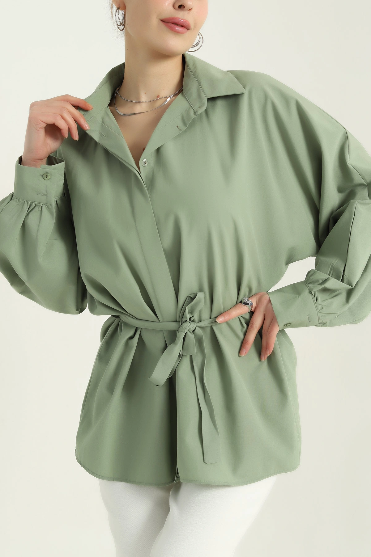 Yeşil Bel Bağlamalı Oversize Poplin Kadın Tunik Gömlek 346017
